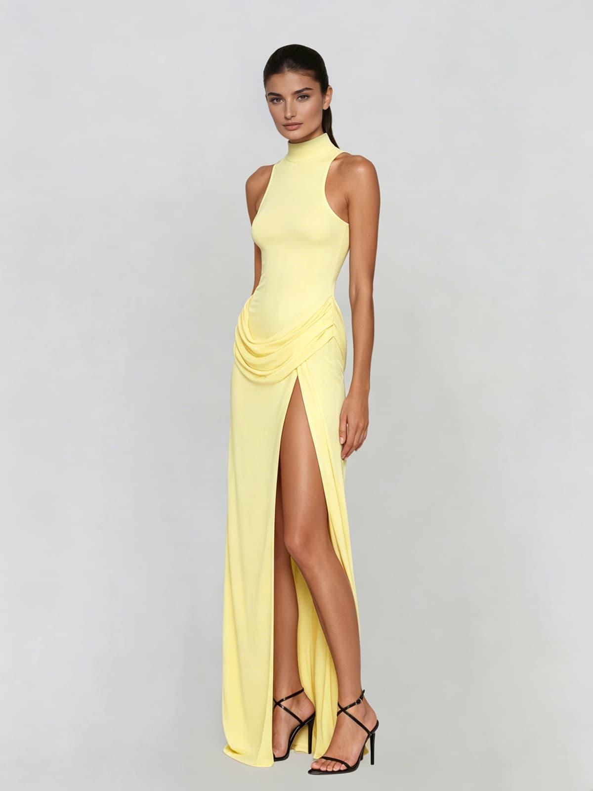 Exanthis High Neck Draped Split In Yellow
