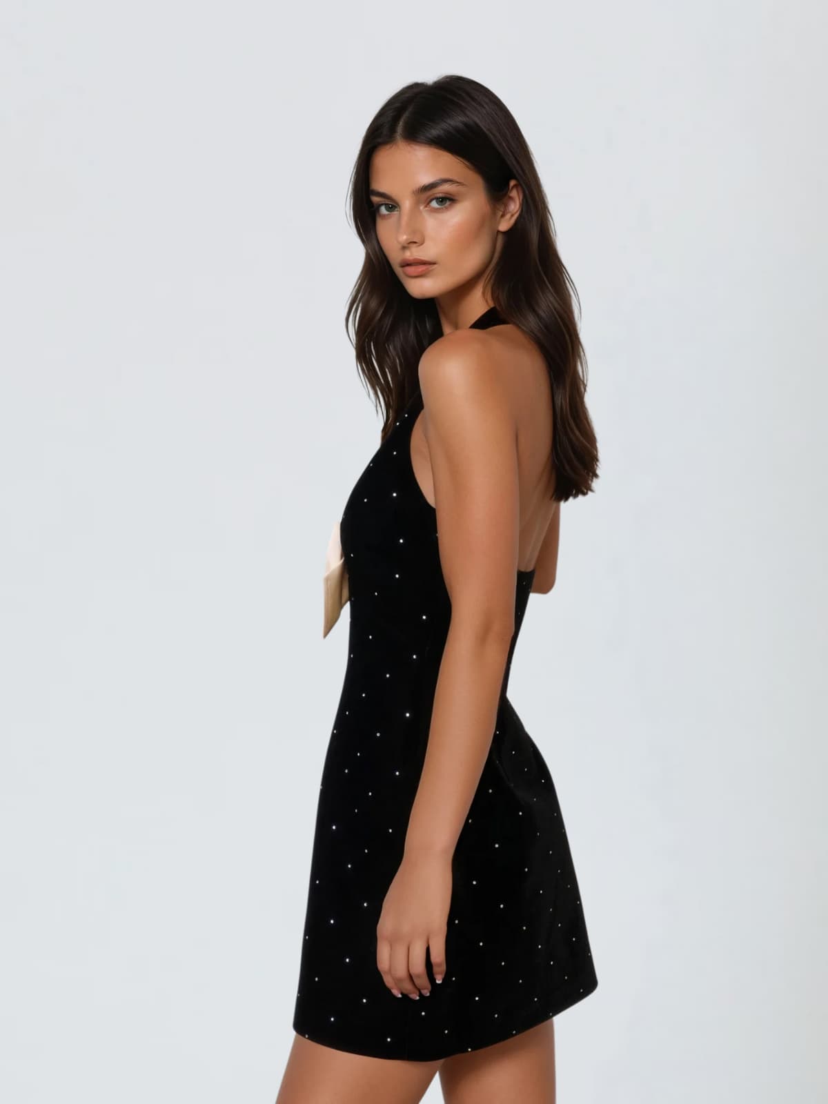 Exoplanix Halterneck Rhinestone Bow Mini Dress