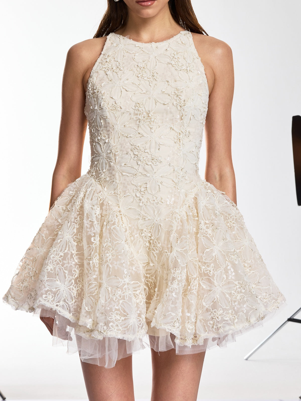 Falnor Sequin Floral Tulle Mini Dress In Beige
