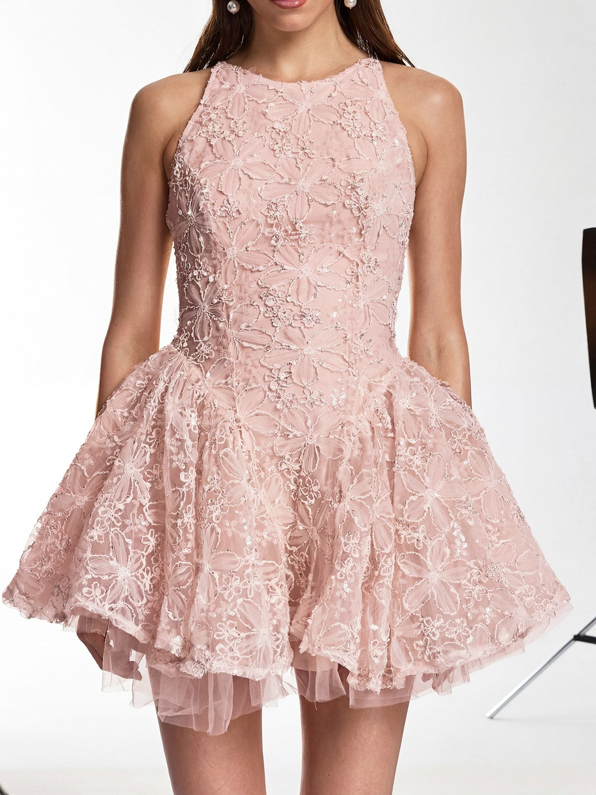 Falnor Sequin Floral Tulle Mini Dress In Pink