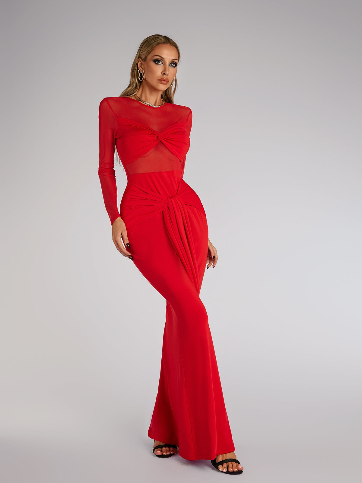 Fares Long Sleeve Tie Up Maxi Dress