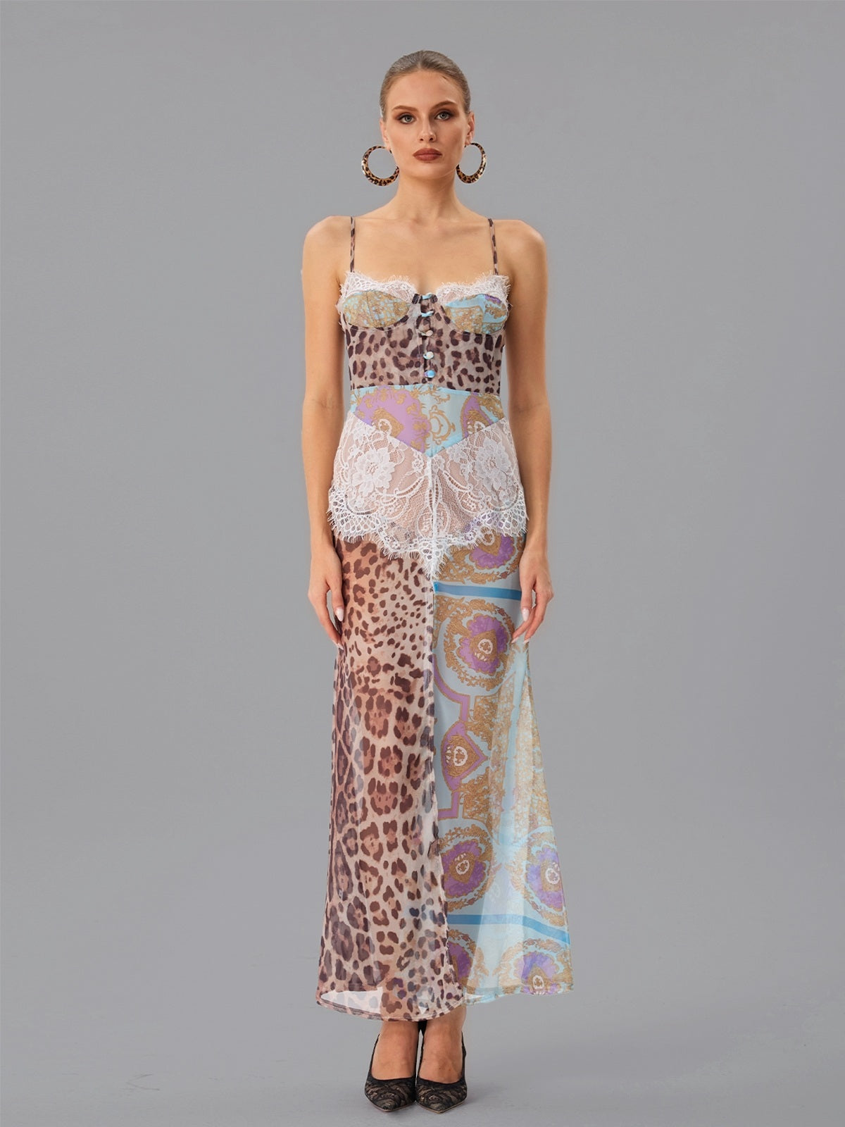 Farhod Spaghetti Leopard Lace Maxi Dress