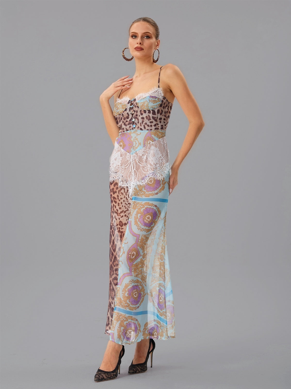 Farhod Spaghetti Leopard Lace Maxi Dress