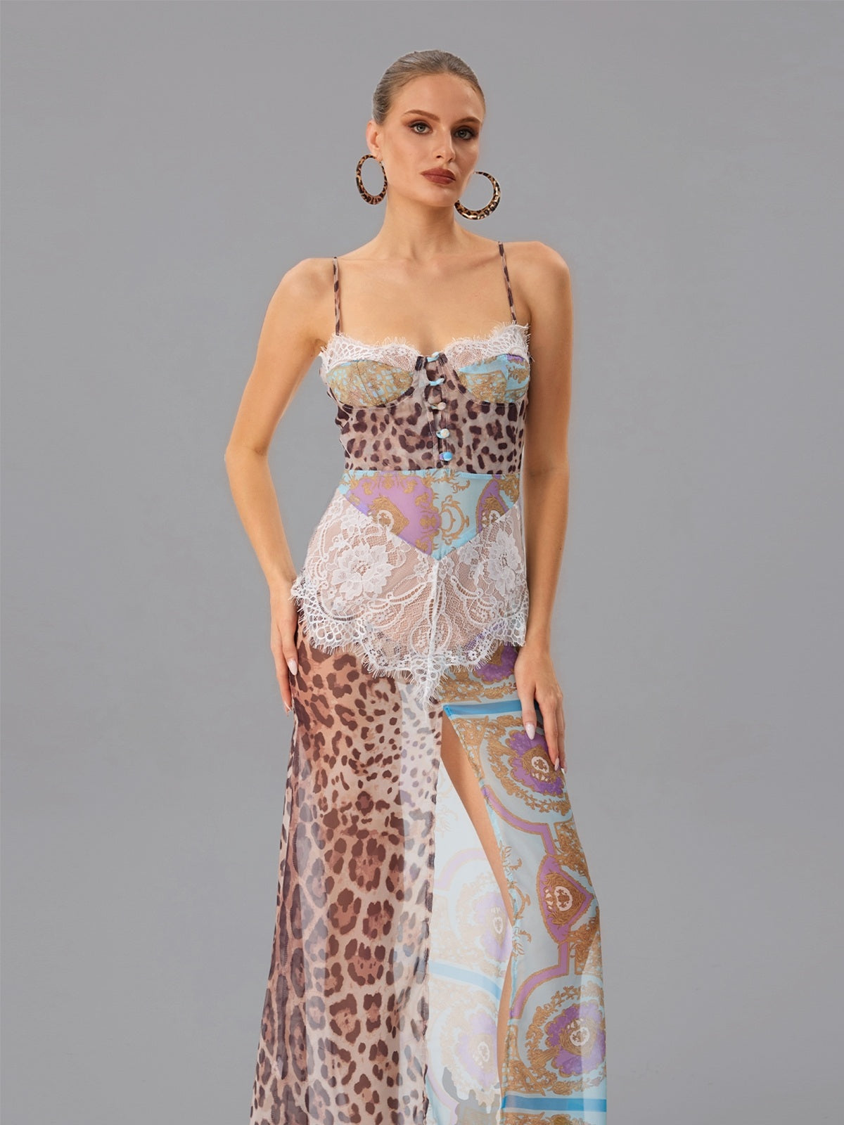 Farhod Spaghetti Leopard Lace Maxi Dress