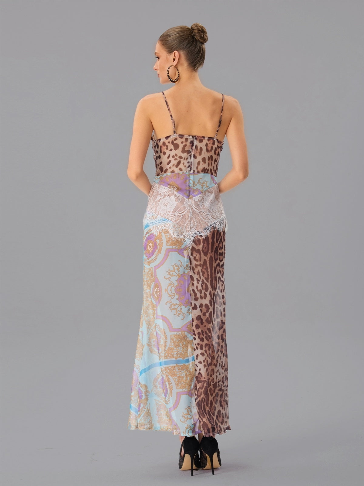Farhod Spaghetti Leopard Lace Maxi Dress