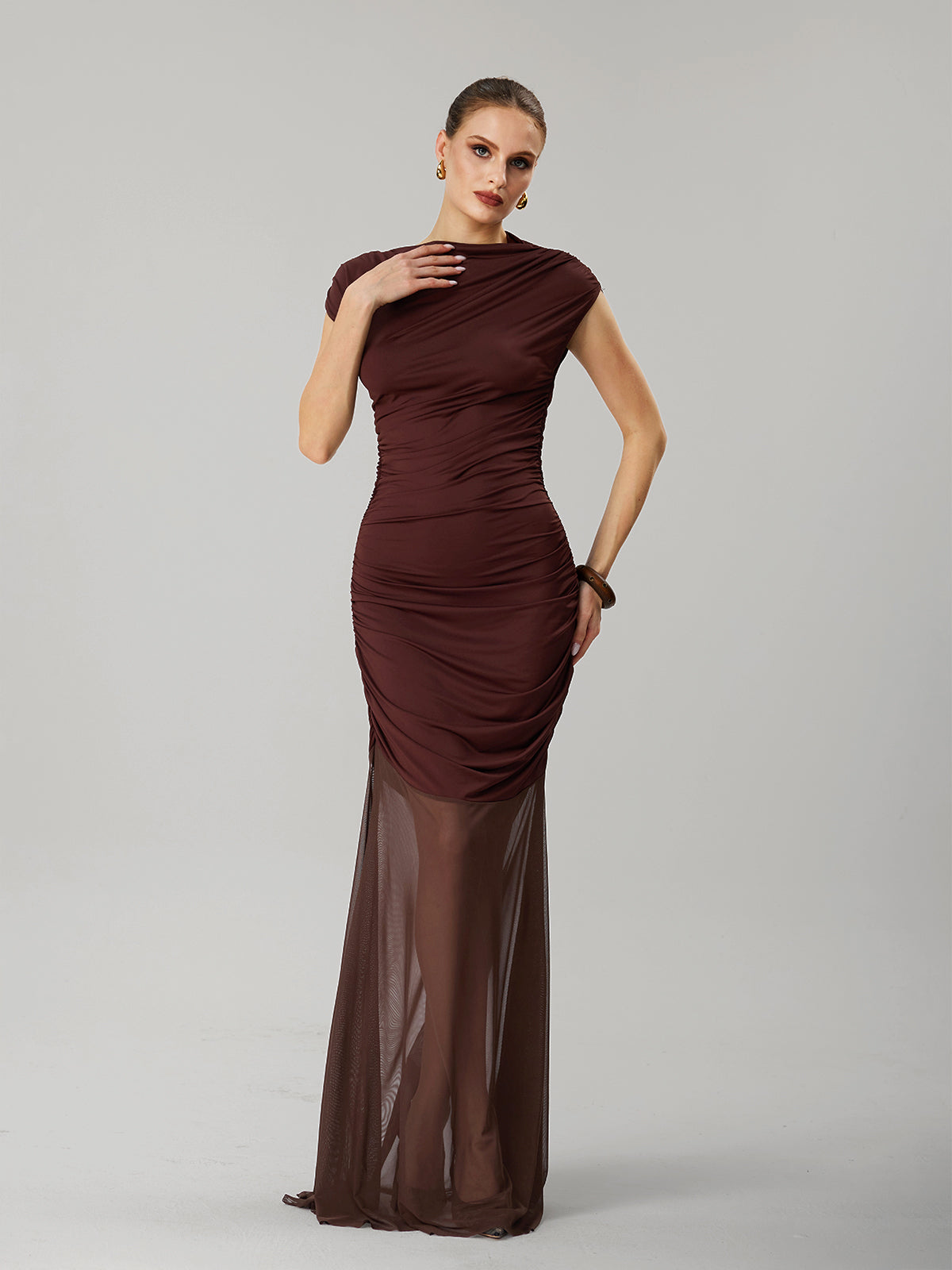 Farid Short Sleeve Bodycon Mesh Maxi Dress