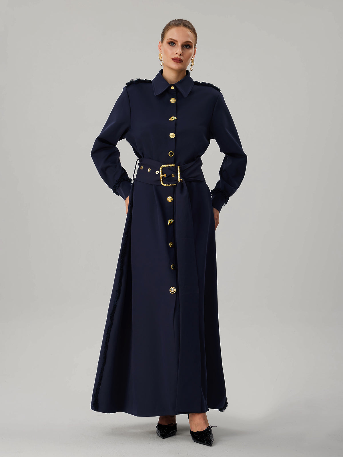 Faridoon Long Sleeve Button Belted Maxi Dress
