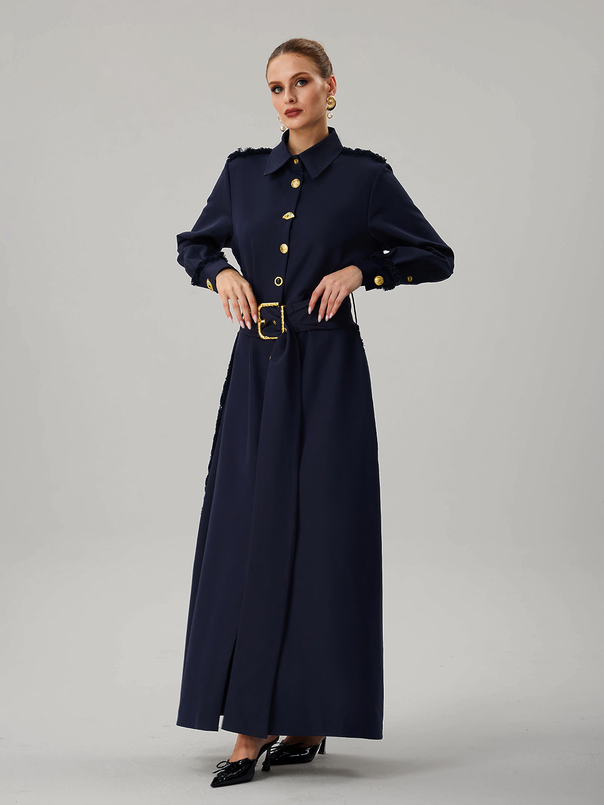 Faridoon Long Sleeve Button Belted Maxi Dress