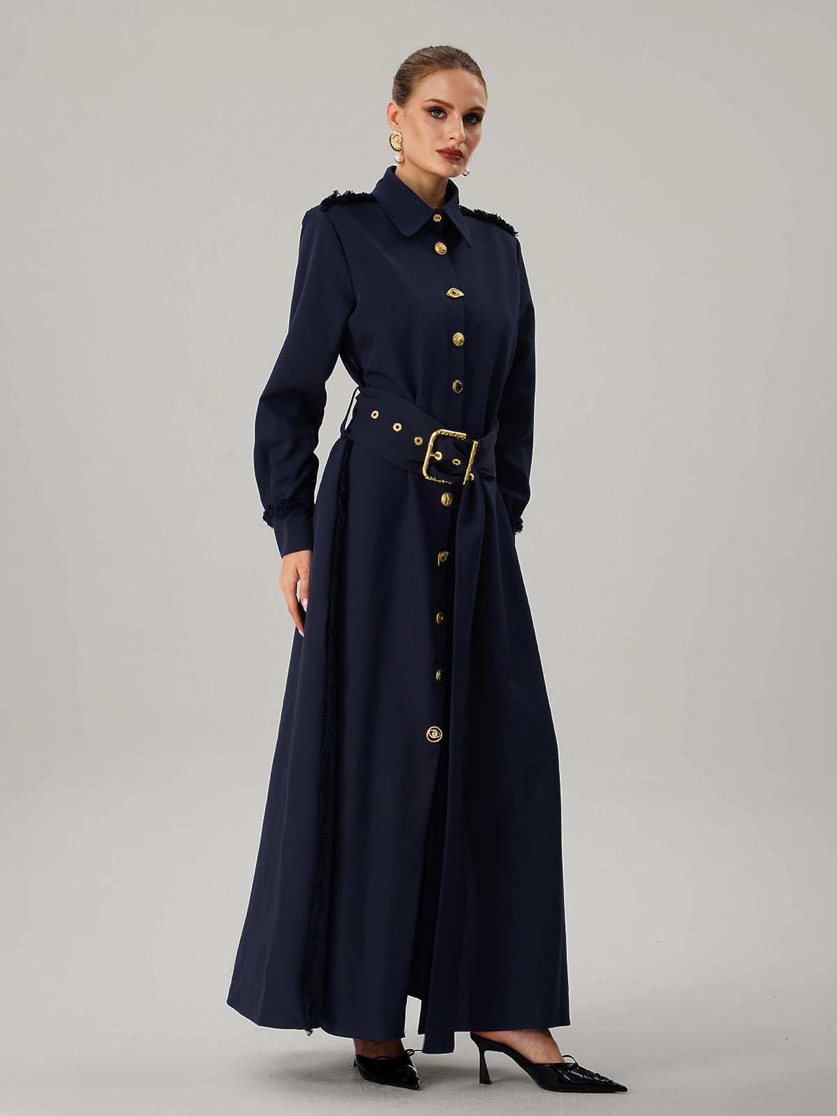 Faridoon Long Sleeve Button Belted Maxi Dress