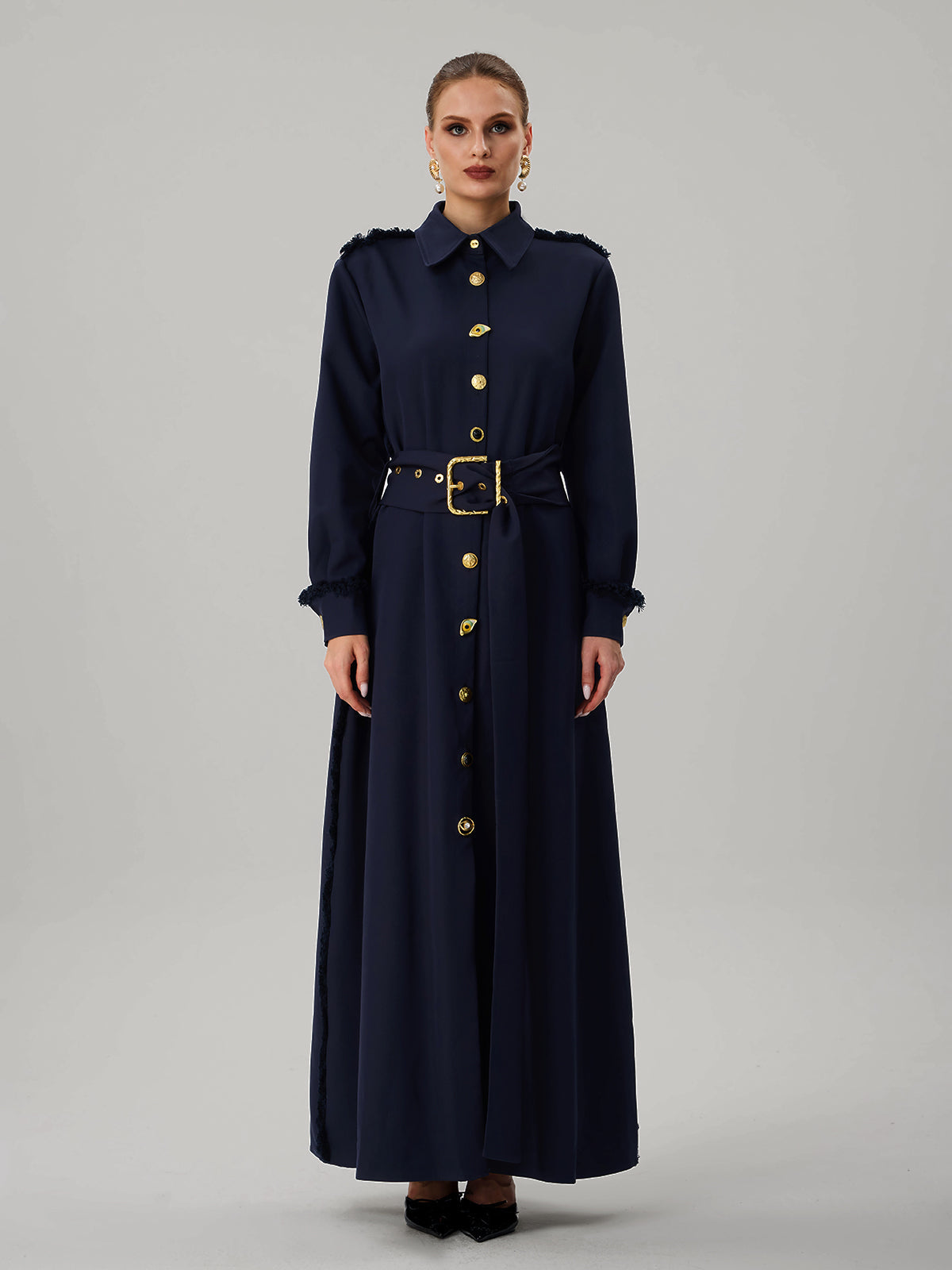 Faridoon Long Sleeve Button Belted Maxi Dress