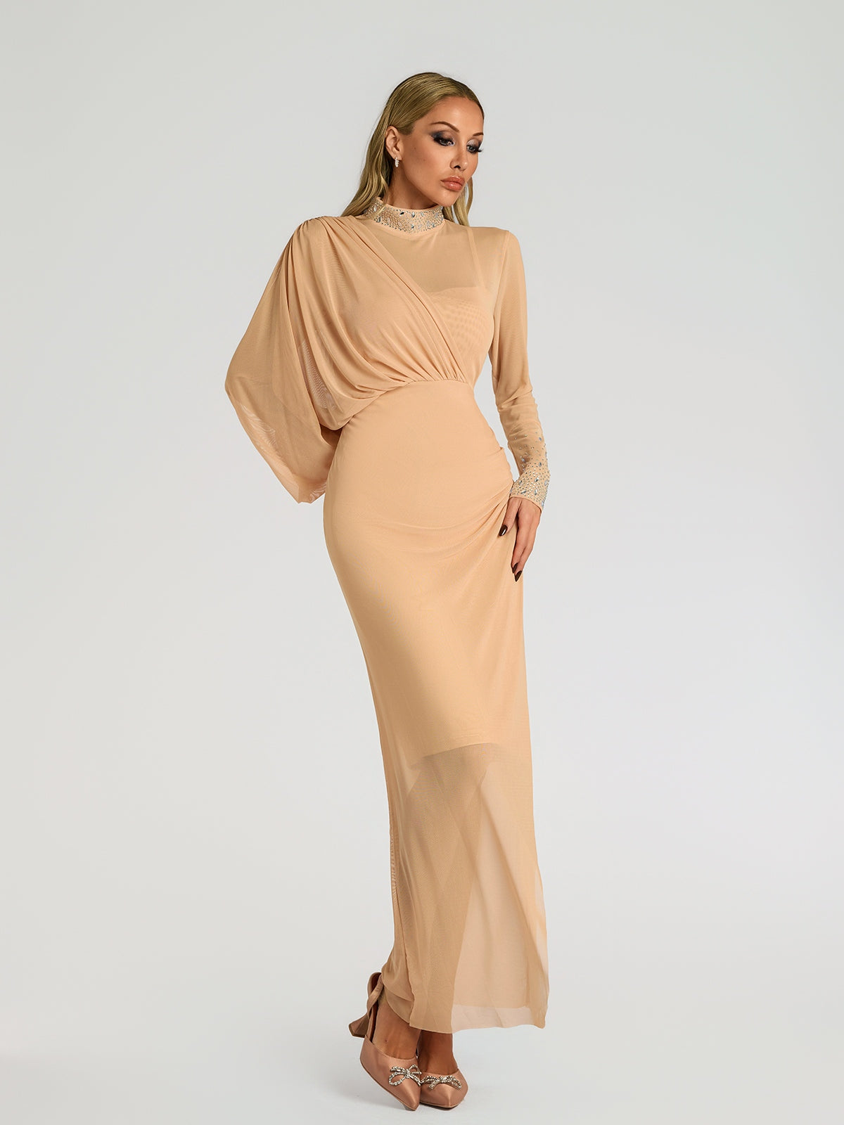 Faris Rhinestone Ruched Maxi Dress