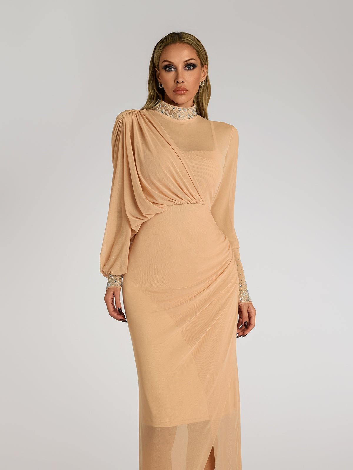 Faris Rhinestone Ruched Maxi Dress