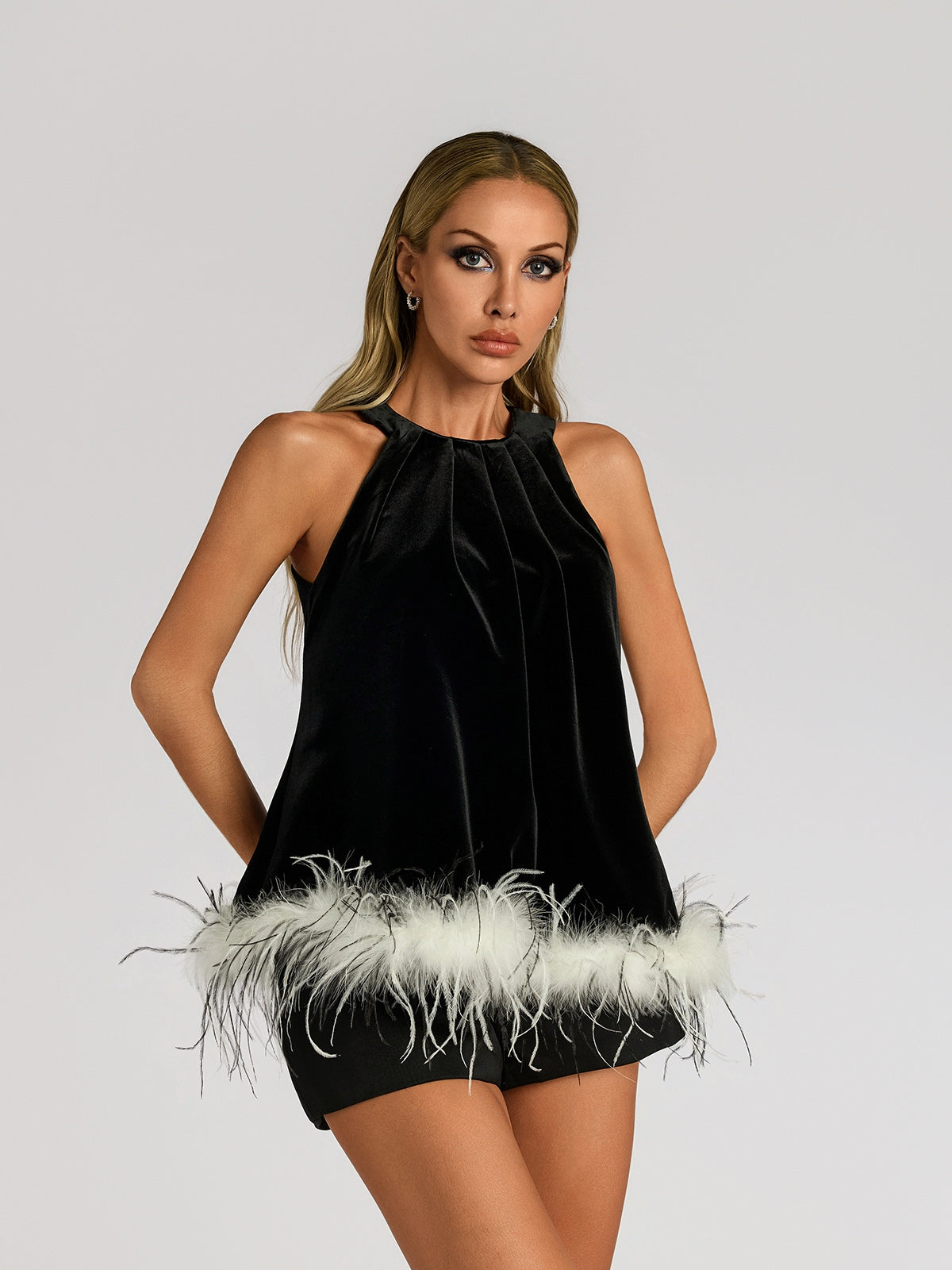 Farrukh Halterneck Feather Velvet Top