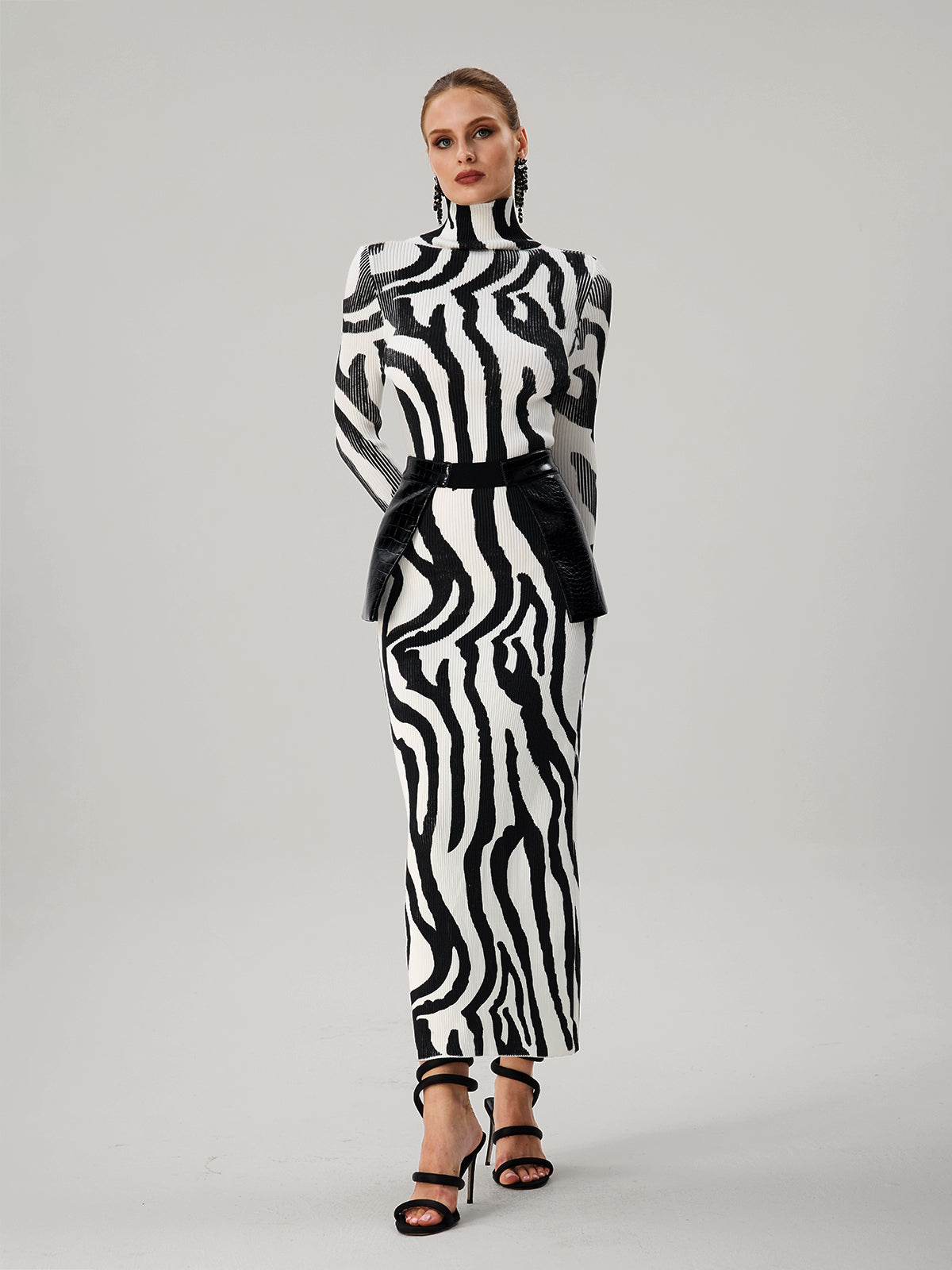 Farrux High Neck Zebra Printed Knit Skirt Set