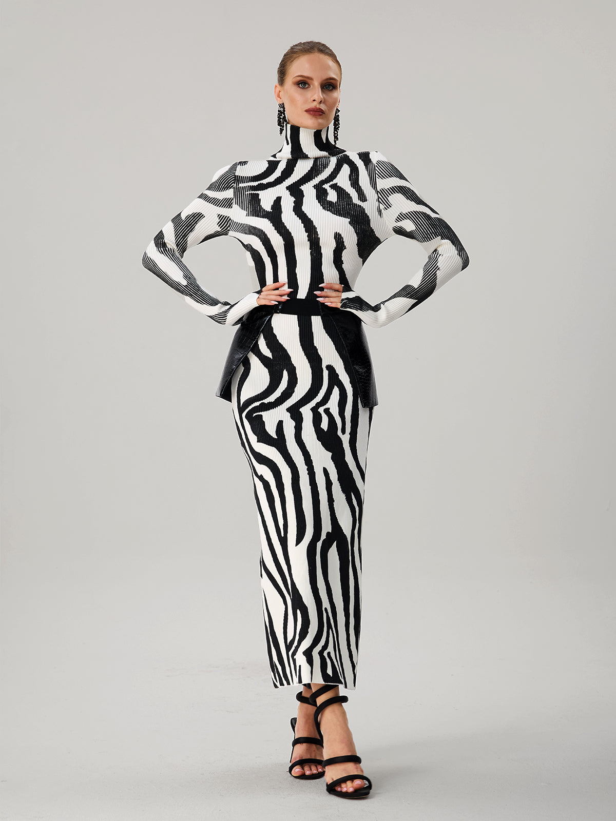 Farrux High Neck Zebra Printed Knit Skirt Set