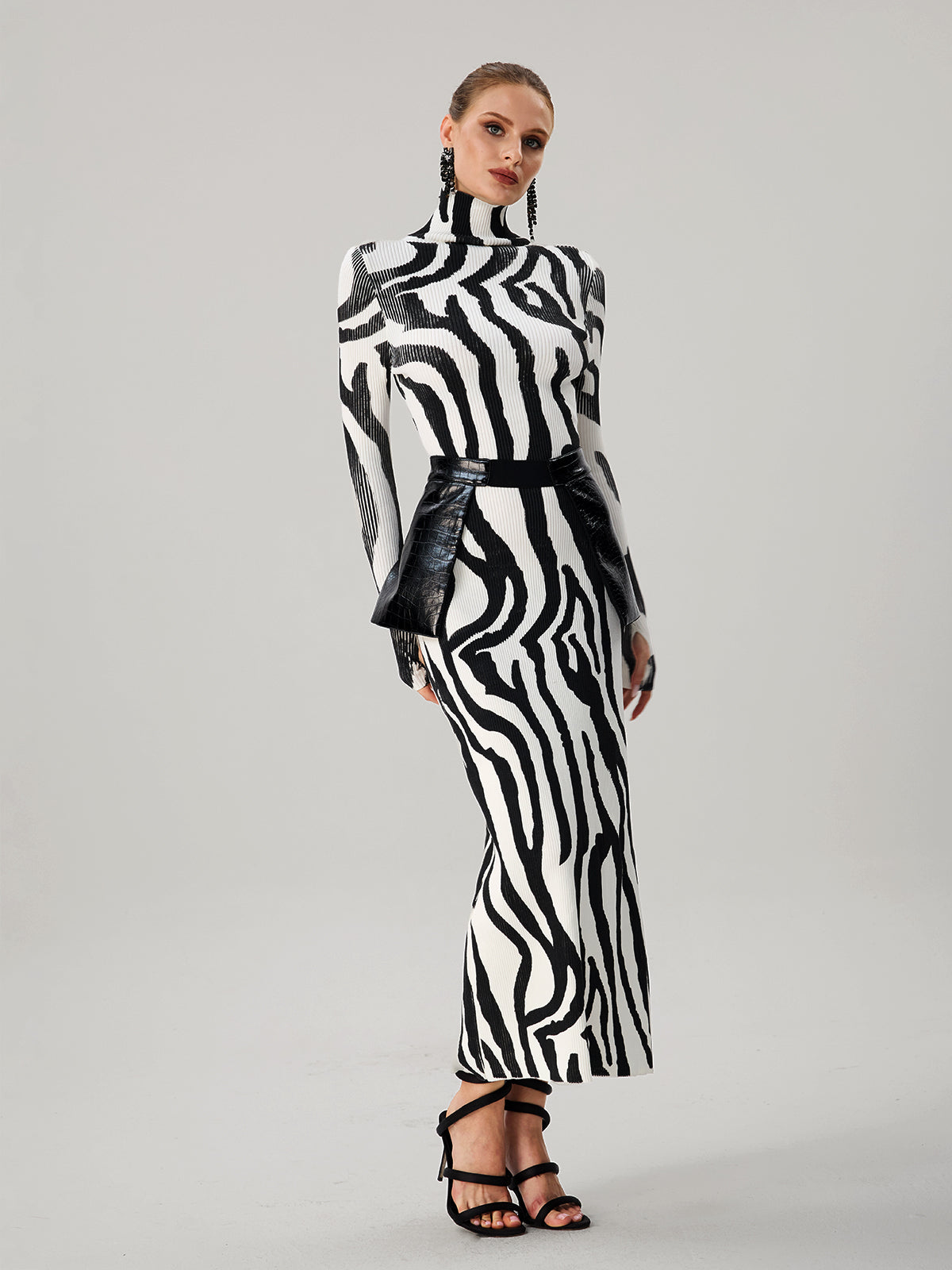 Farrux High Neck Zebra Printed Knit Skirt Set