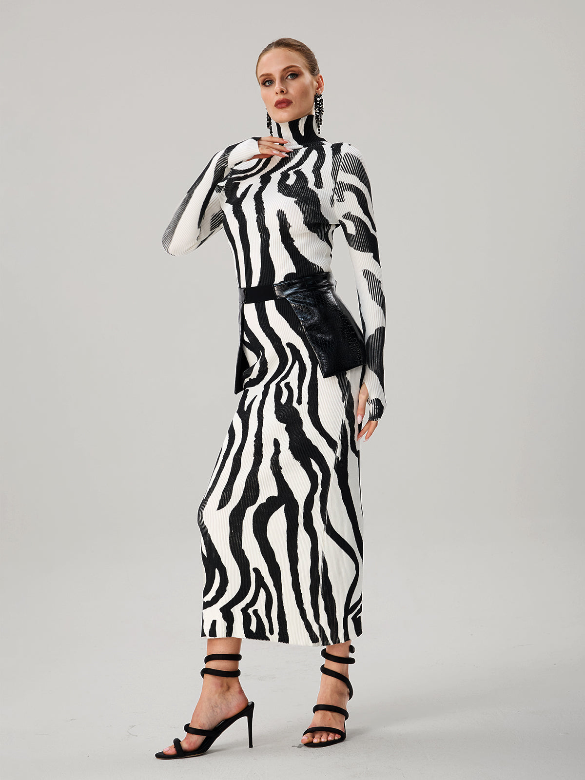 Farrux High Neck Zebra Printed Knit Skirt Set