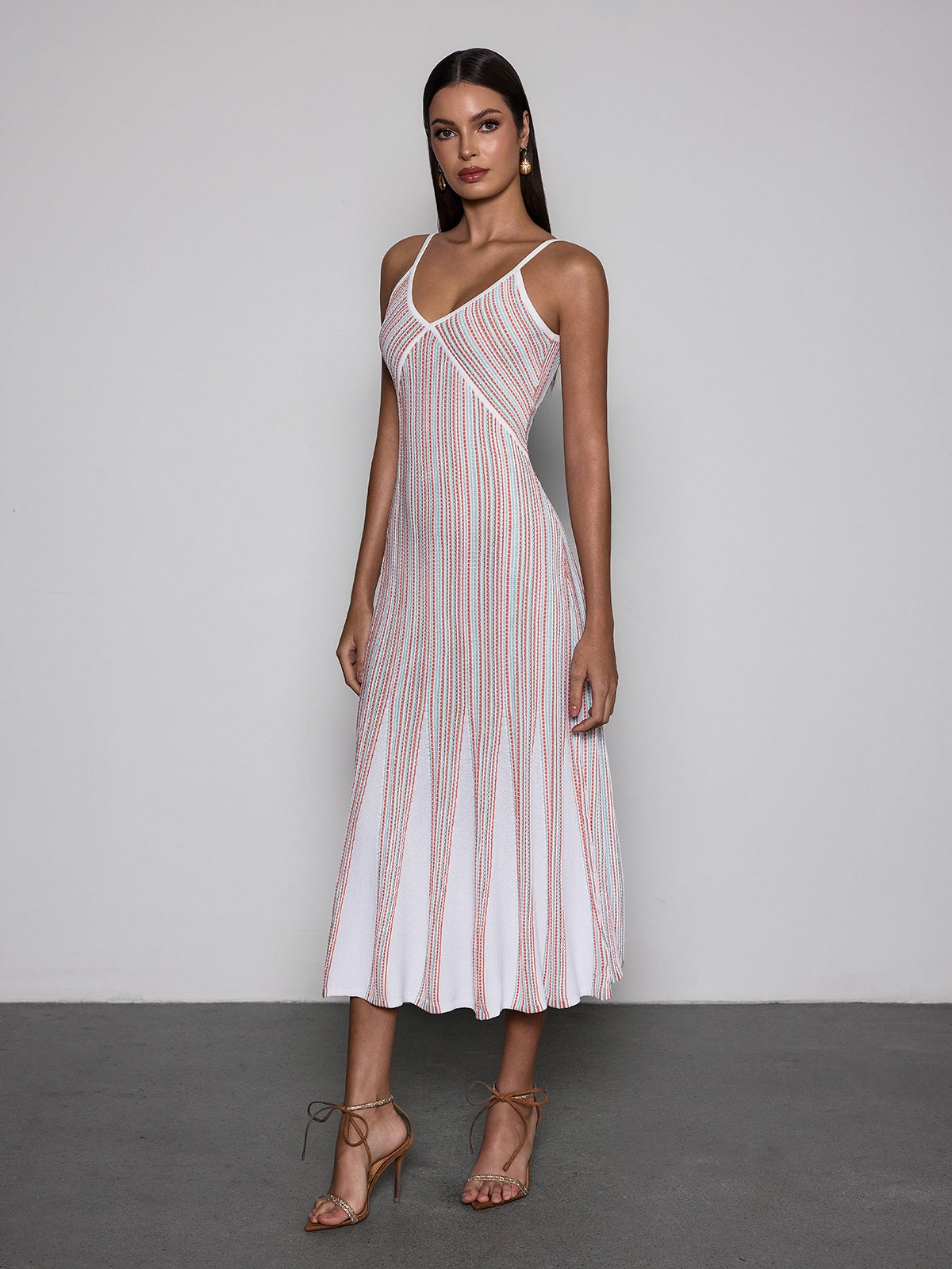 Favixor V Neck Stripe Knit Midi Dress