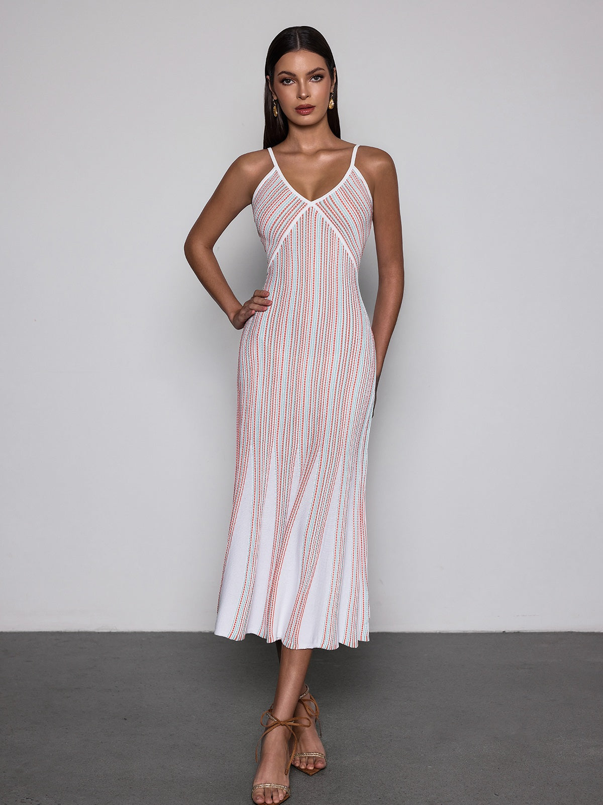 Favixor V Neck Stripe Knit Midi Dress