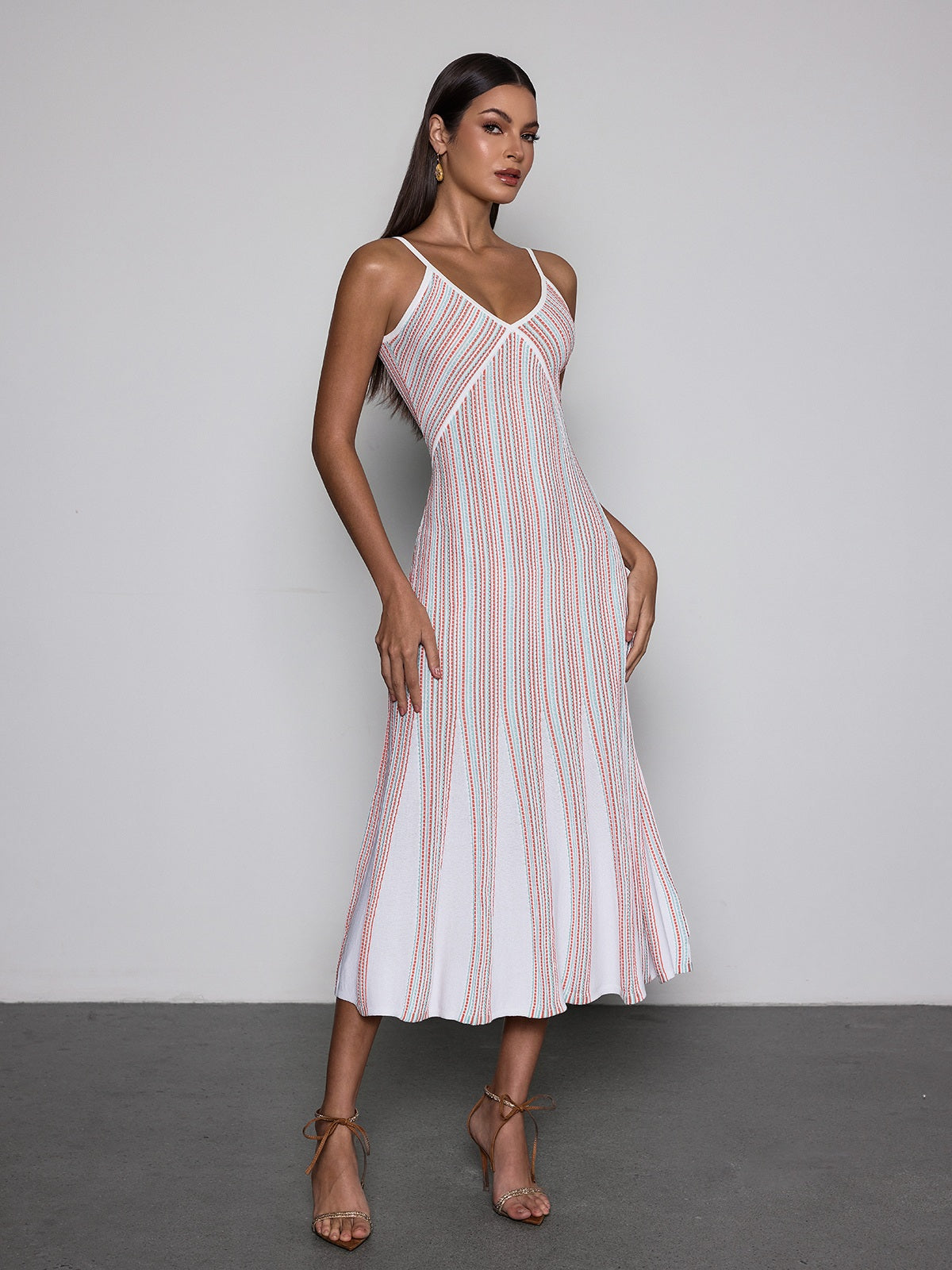 Favixor V Neck Stripe Knit Midi Dress