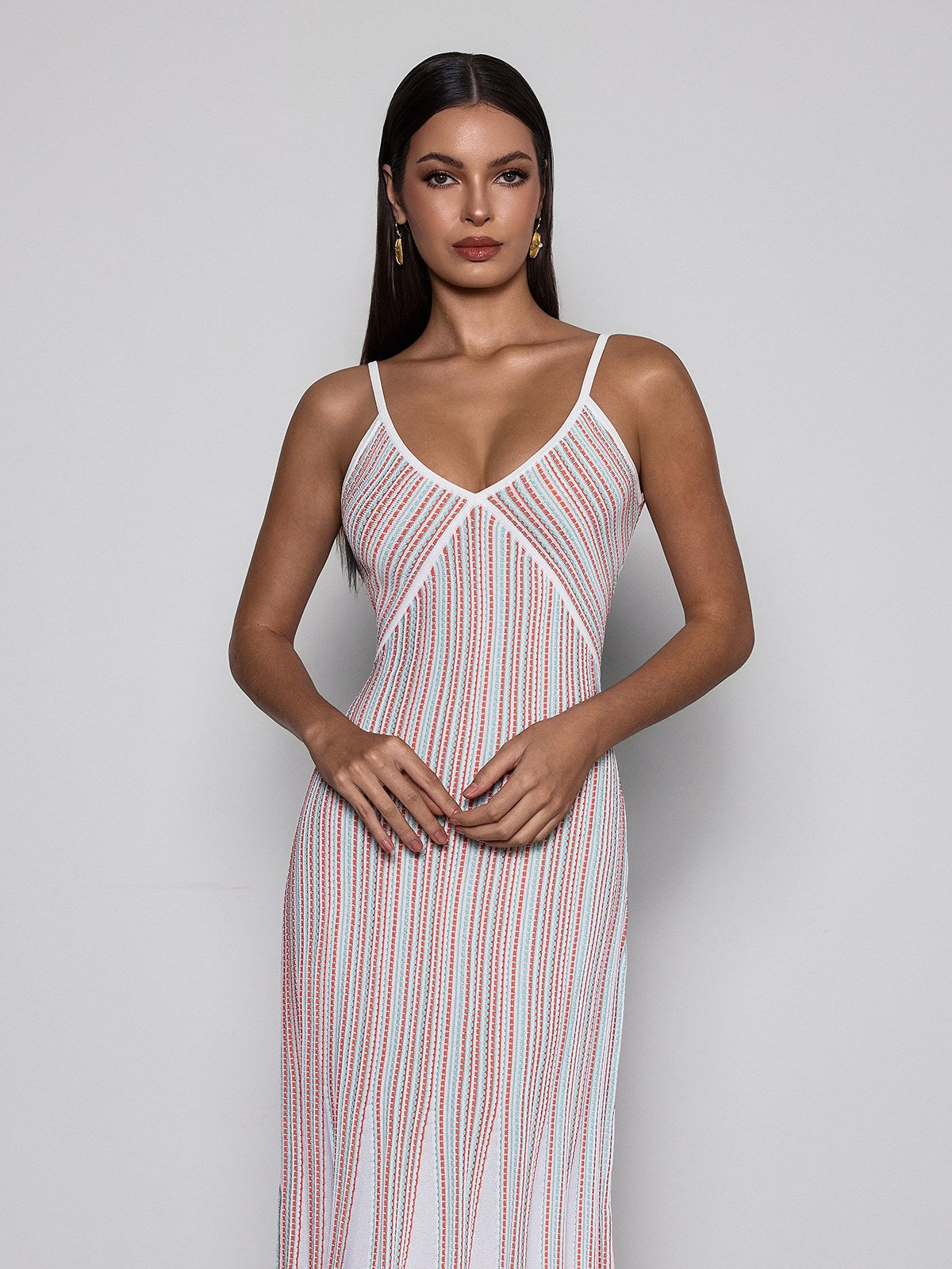 Favixor V Neck Stripe Knit Midi Dress