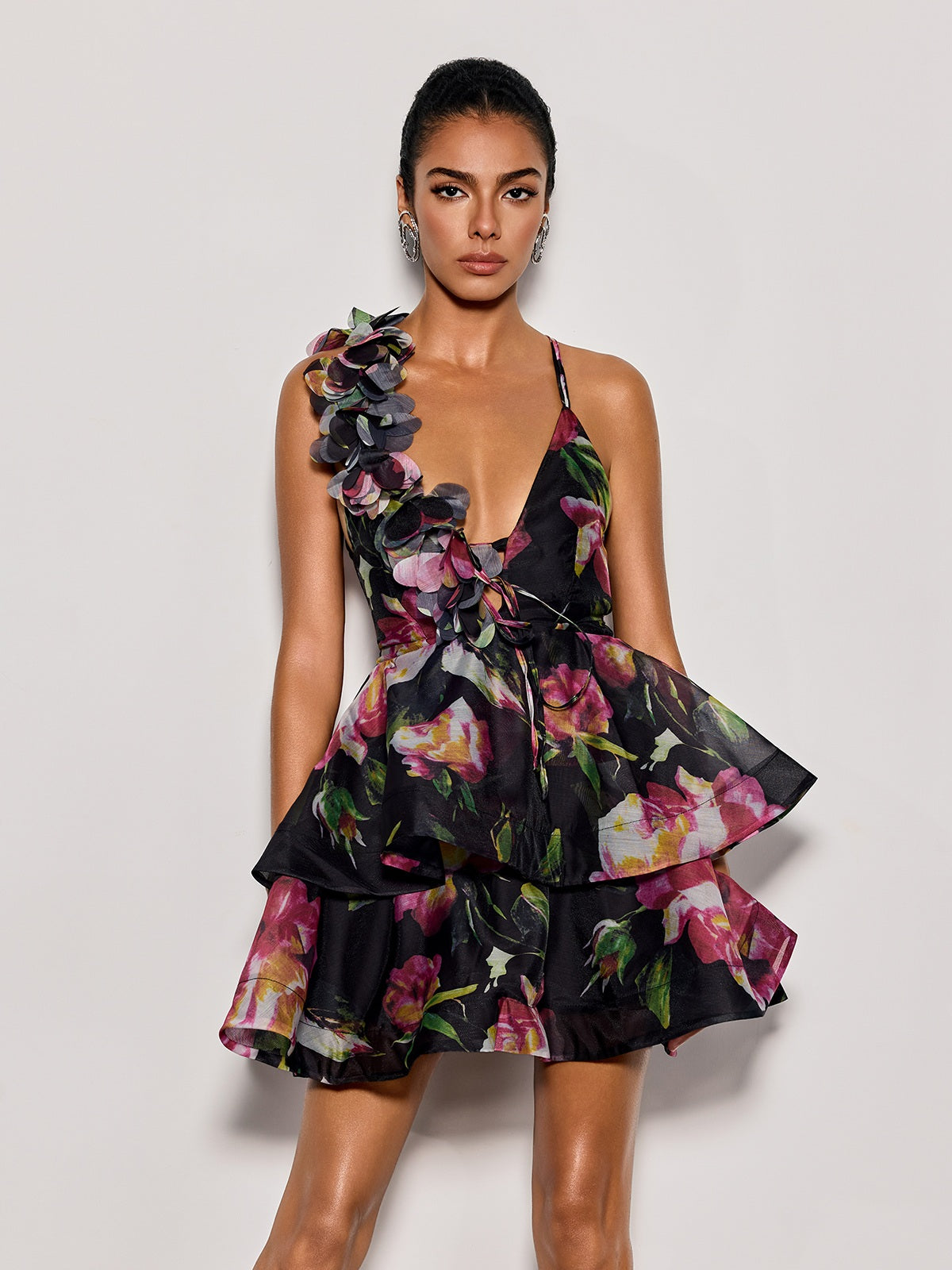 Felyndis Flower Tiered Mini Dress In Black