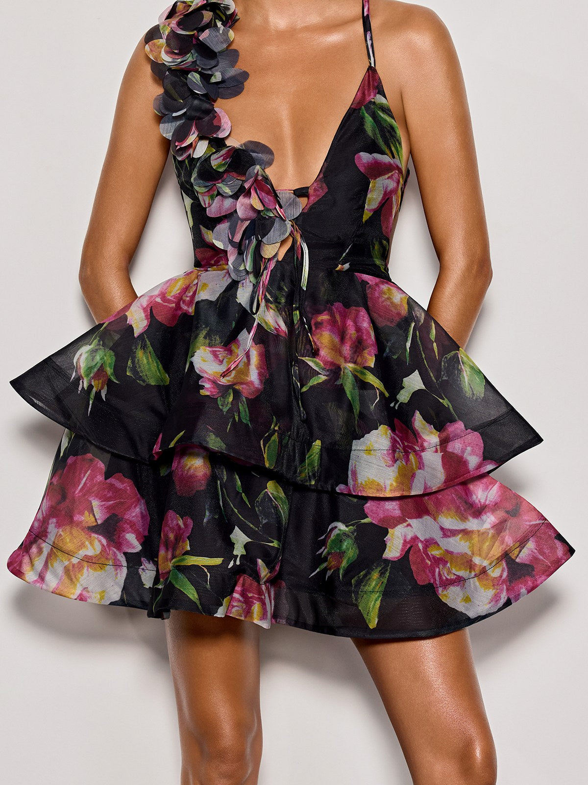 Felyndis Flower Tiered Mini Dress In Black