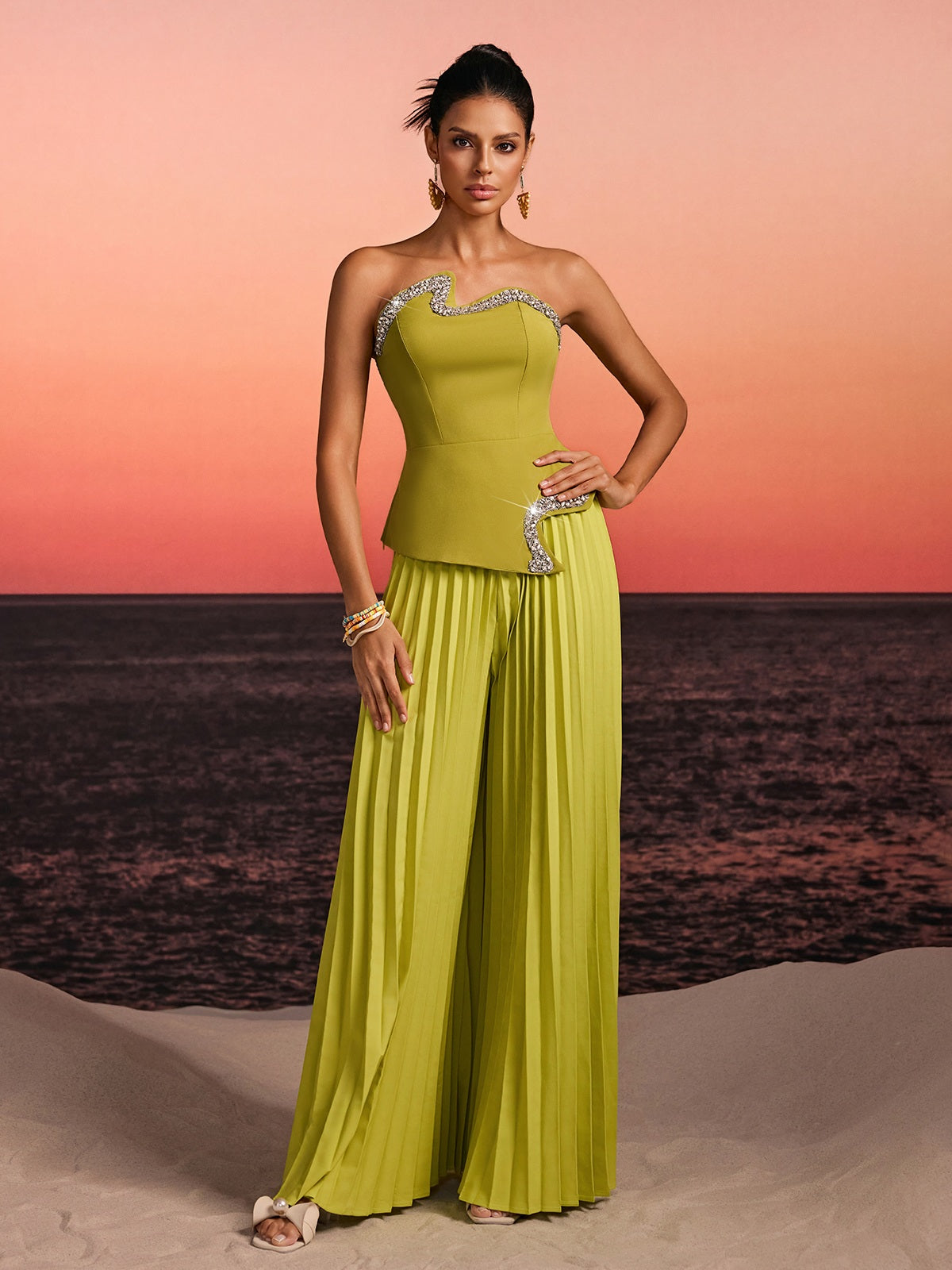Fendro Strapless Crystal Pleated Pants Set In Green