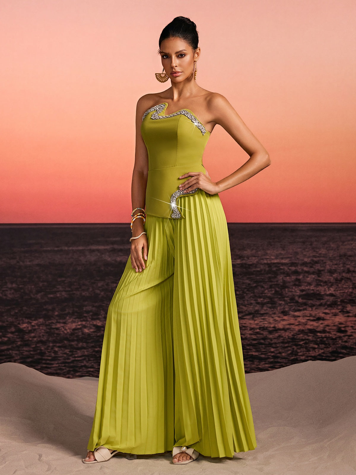 Fendro Strapless Crystal Pleated Pants Set In Green