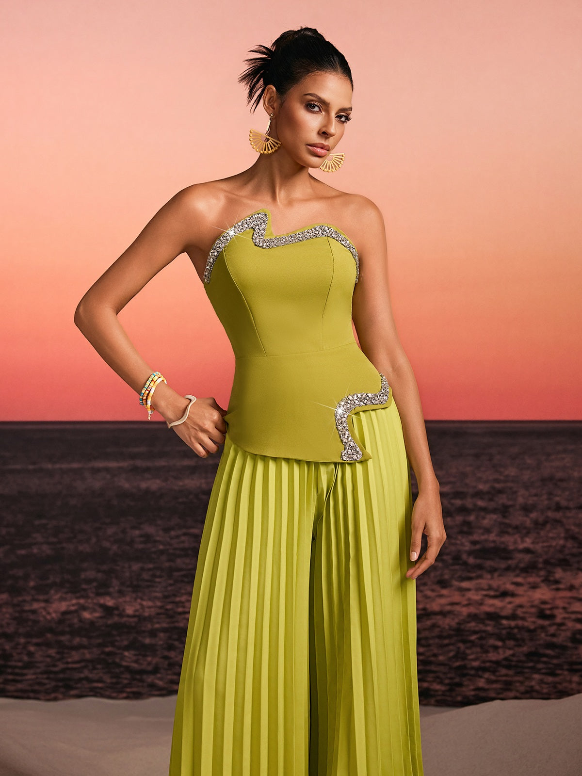 Fendro Strapless Crystal Pleated Pants Set In Green