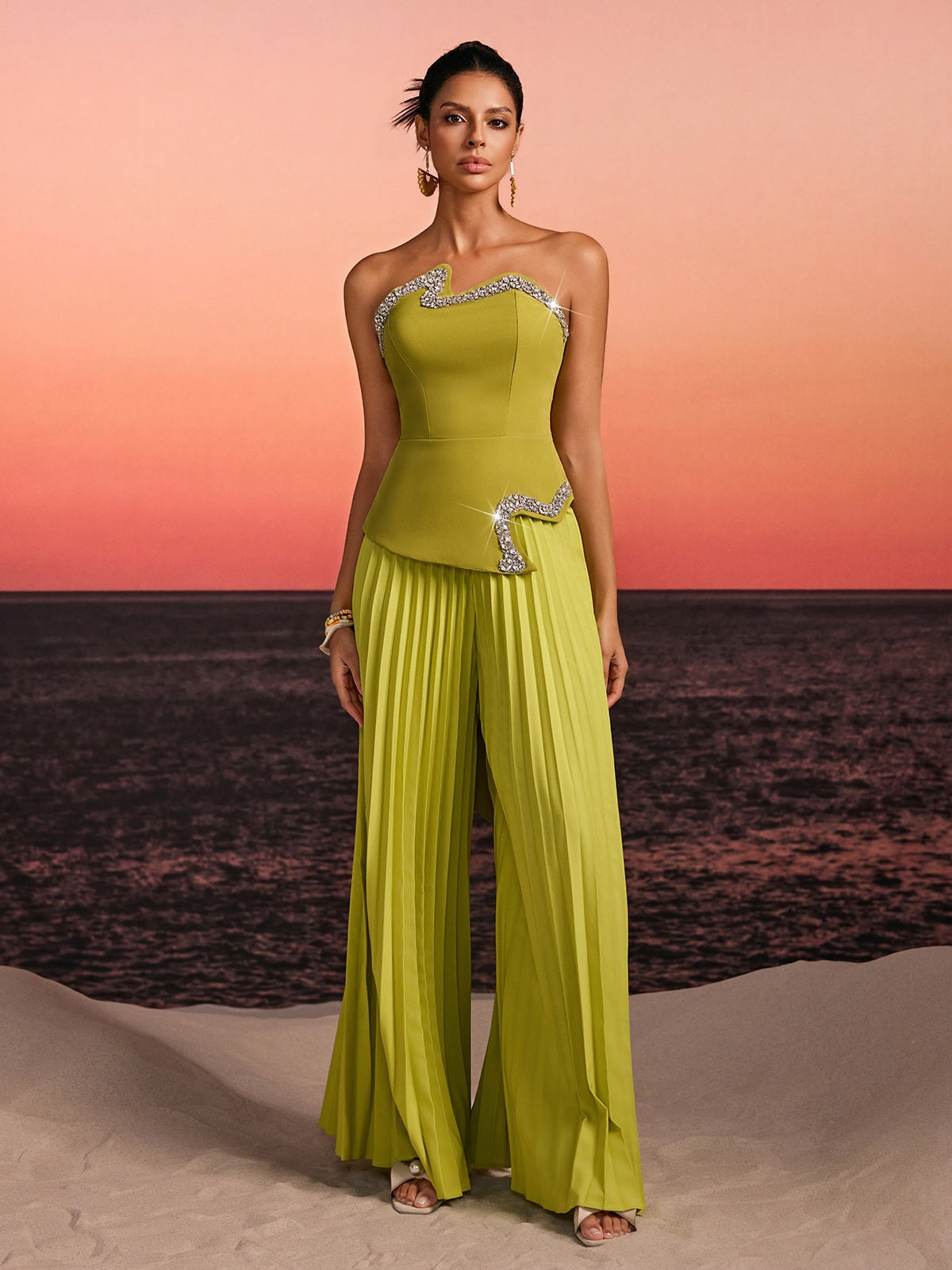 Fendro Strapless Crystal Pleated Pants Set In Green