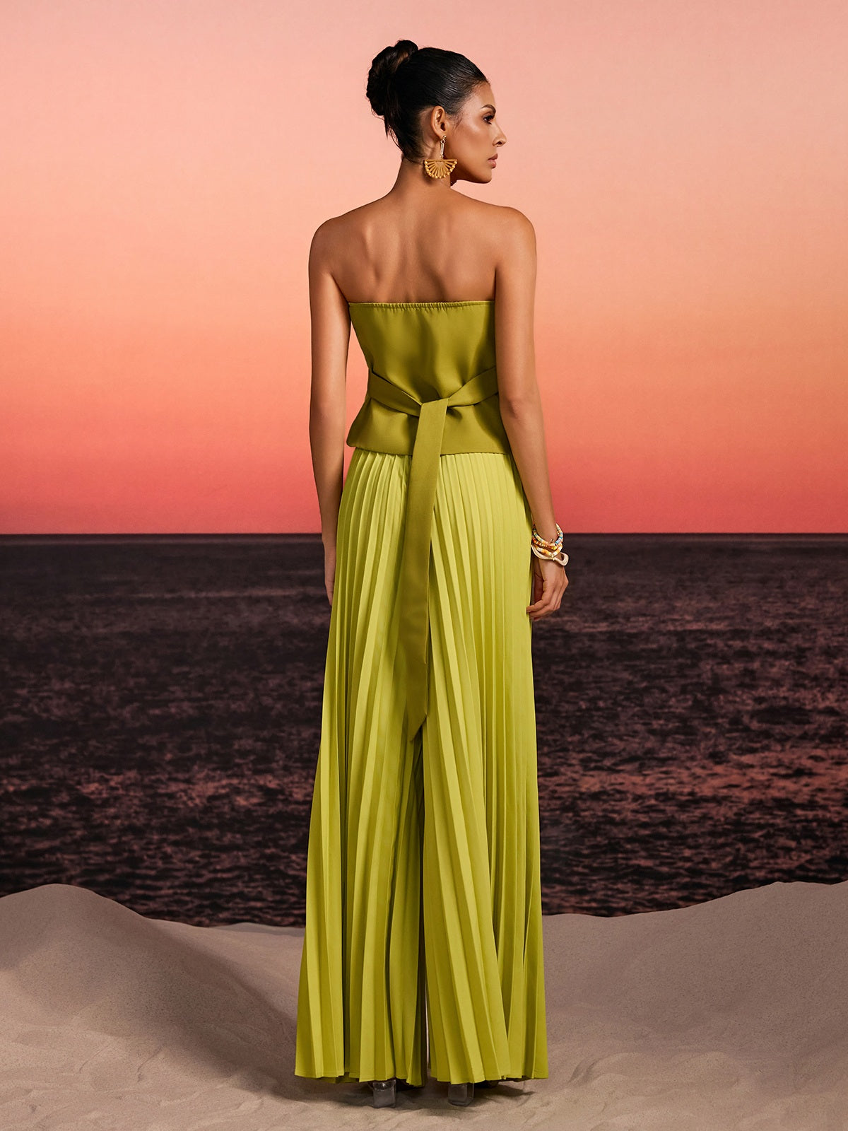 Fendro Strapless Crystal Pleated Pants Set In Green