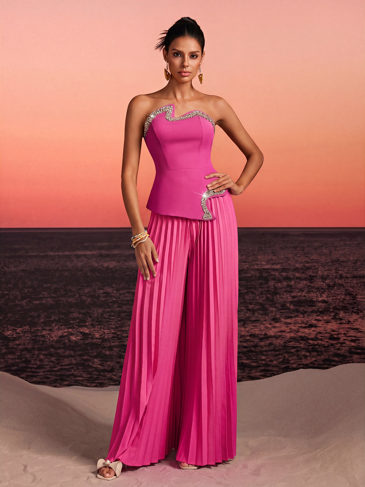 Fendro Strapless Crystal Pleated Pants Set In Hot Pink