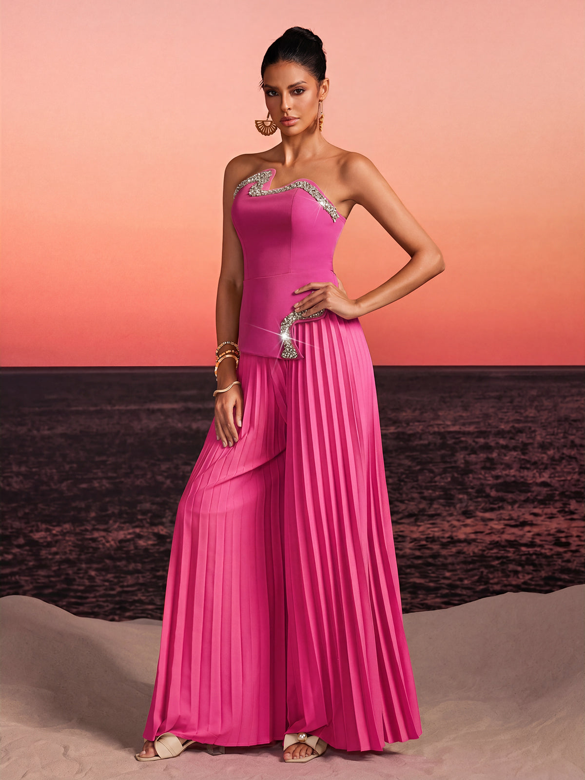Fendro Strapless Crystal Pleated Pants Set In Hot Pink