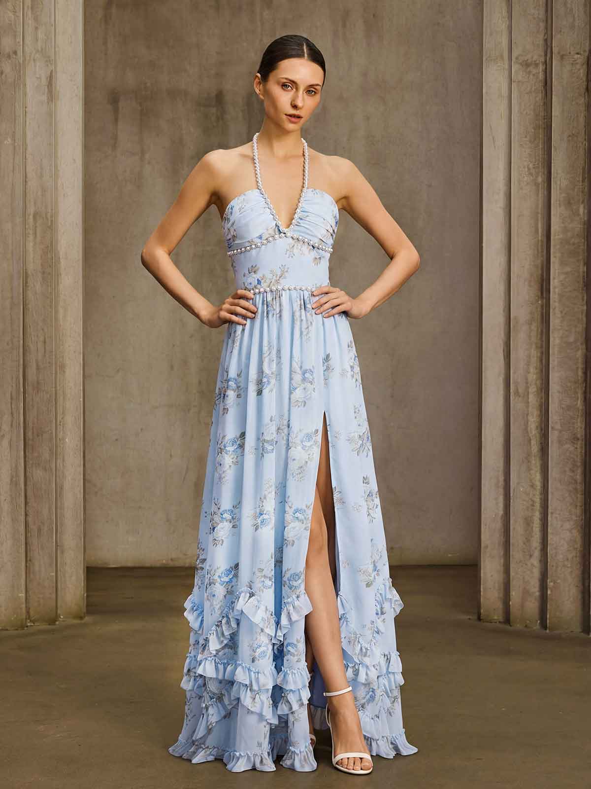 Fentho Plunge Neck Floral Maxi Dress In Baby Blue