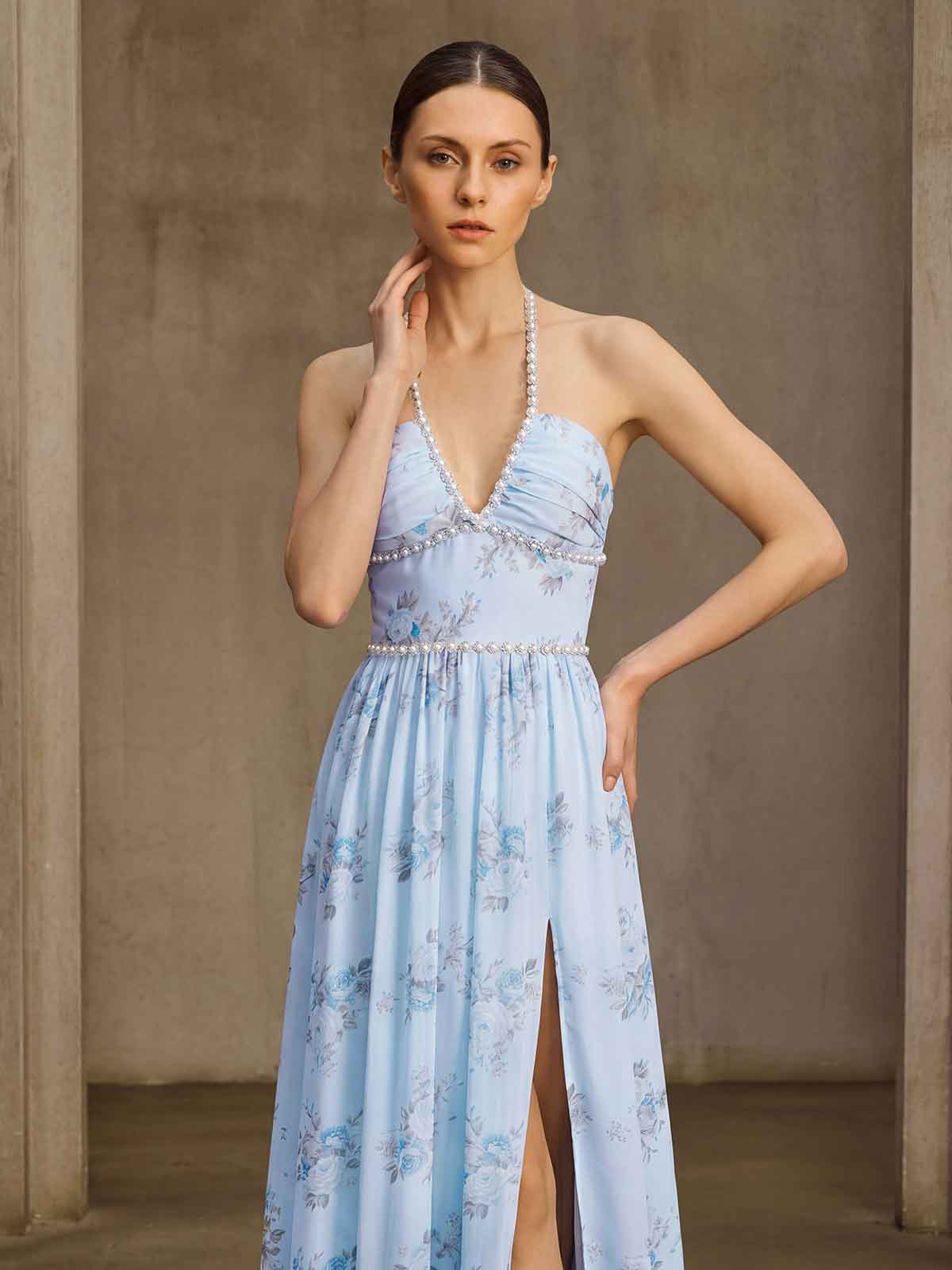 Fentho Plunge Neck Floral Maxi Dress In Baby Blue