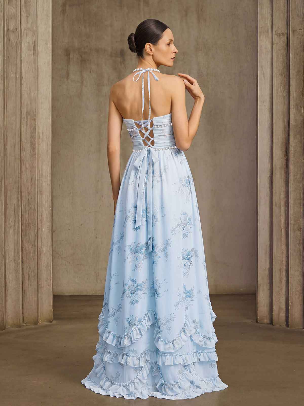 Fentho Plunge Neck Floral Maxi Dress In Baby Blue