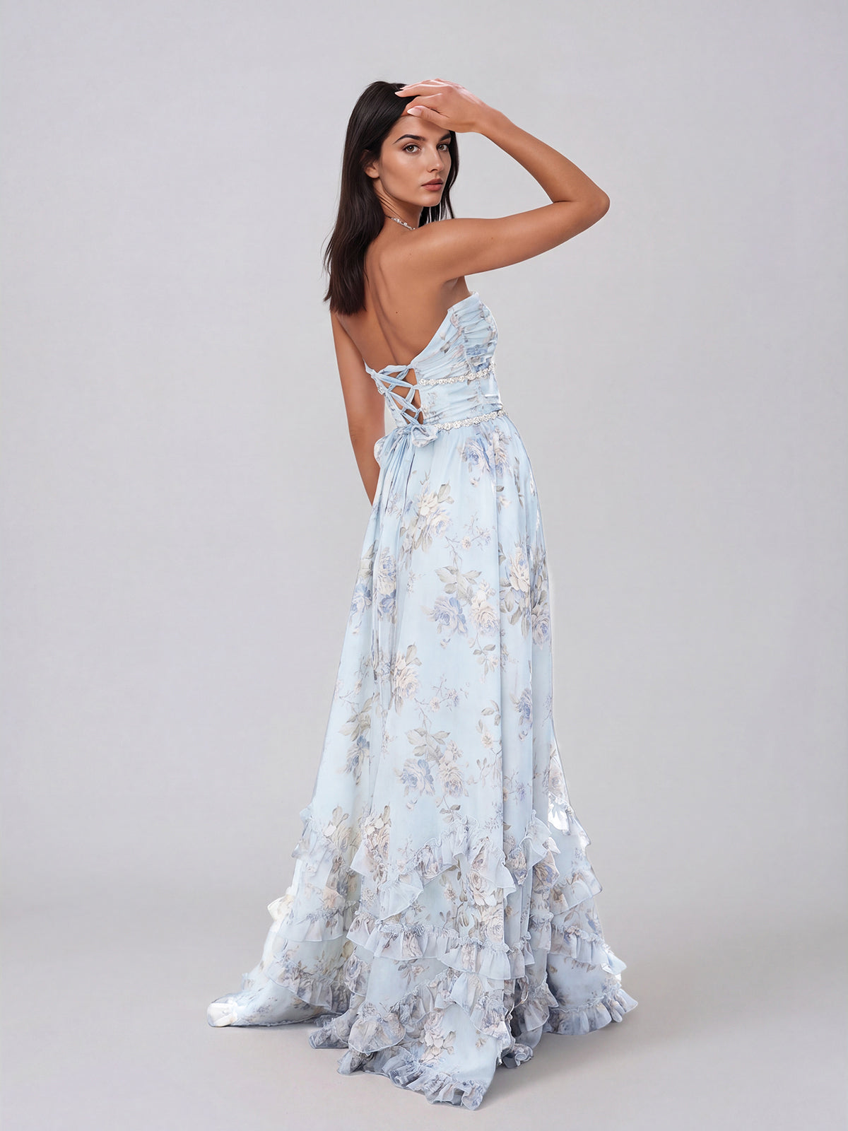 Fentho Plunge Neck Floral Maxi Dress In Baby Blue