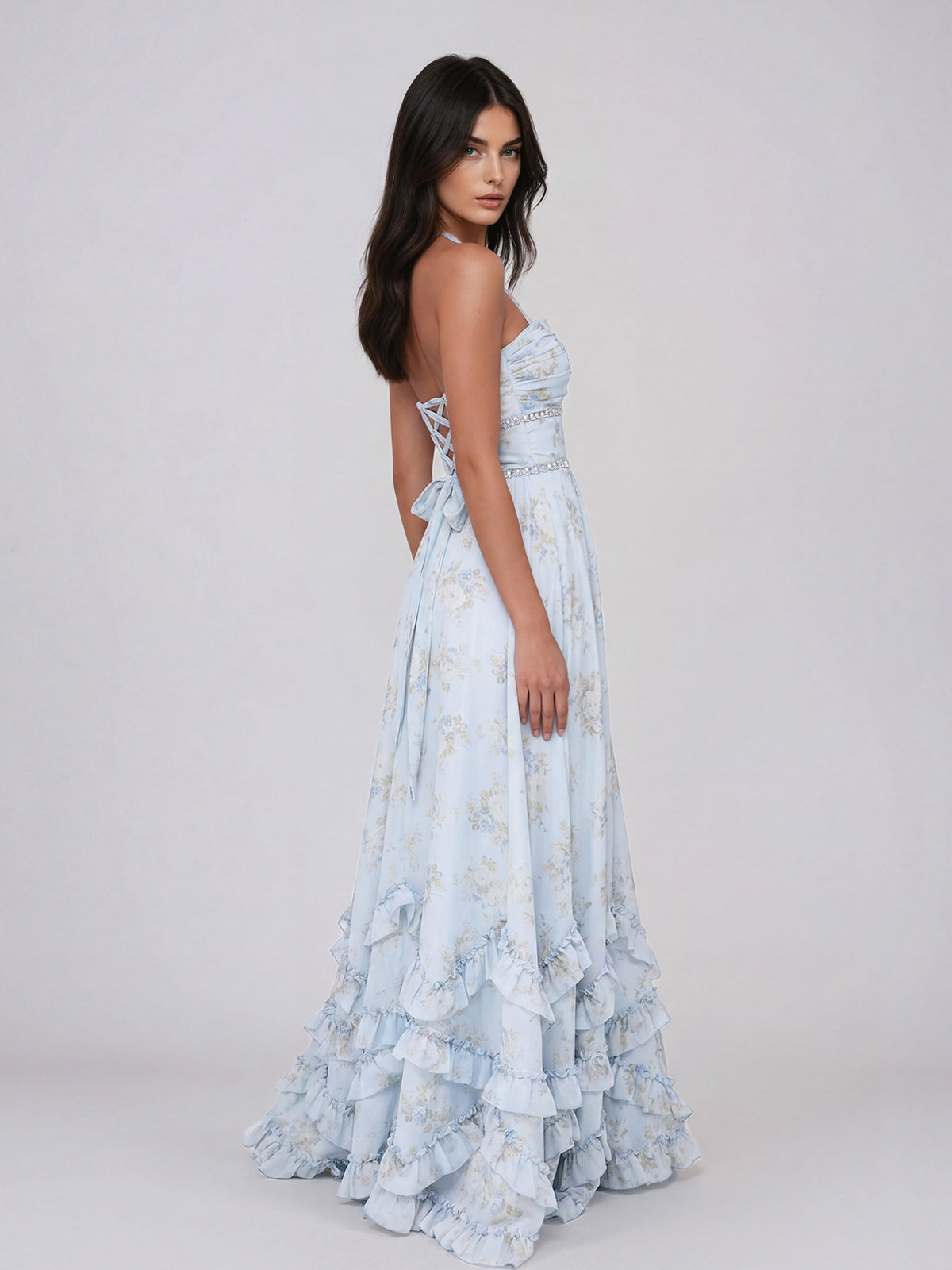Fentho Plunge Neck Floral Maxi Dress In Baby Blue