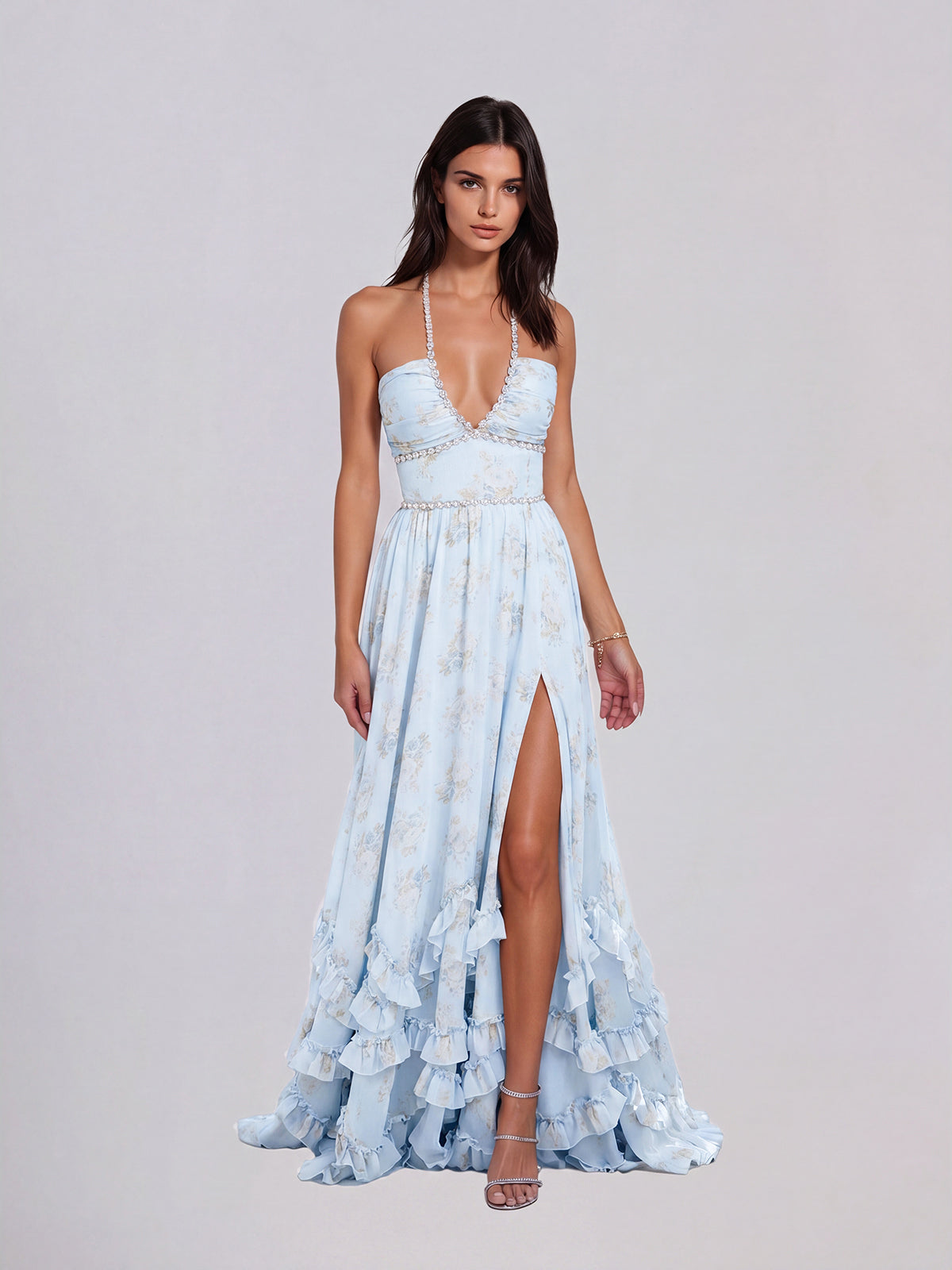 Fentho Plunge Neck Floral Maxi Dress In Baby Blue