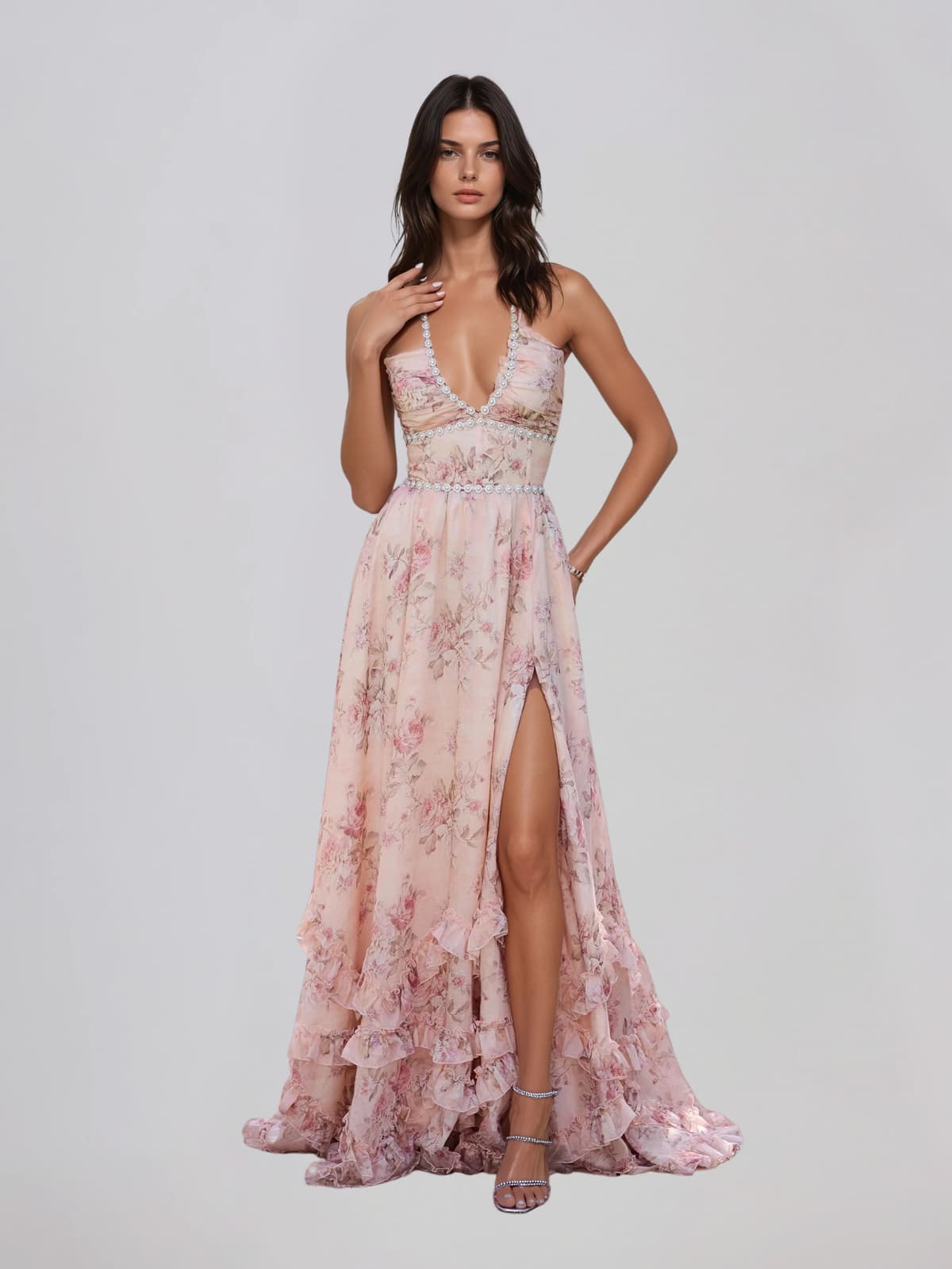 Fentho Plunge Neck Floral Maxi Dress In Pink