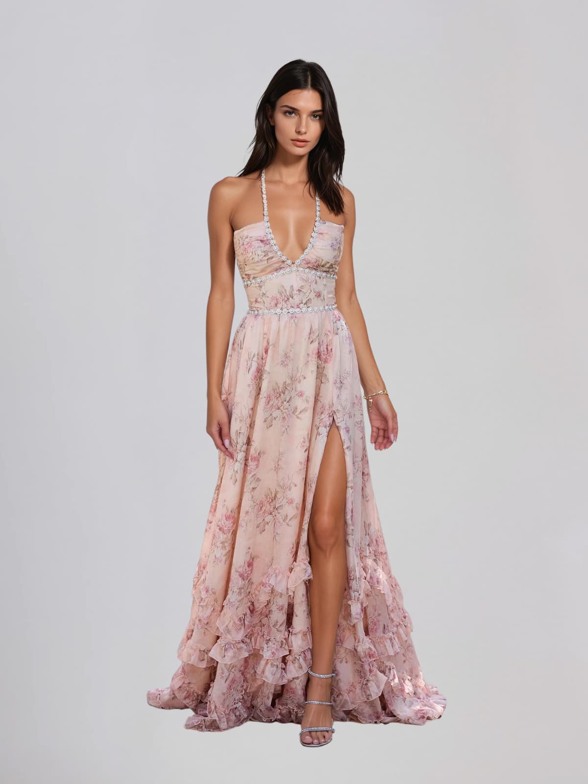 Fentho Plunge Neck Floral Maxi Dress In Pink