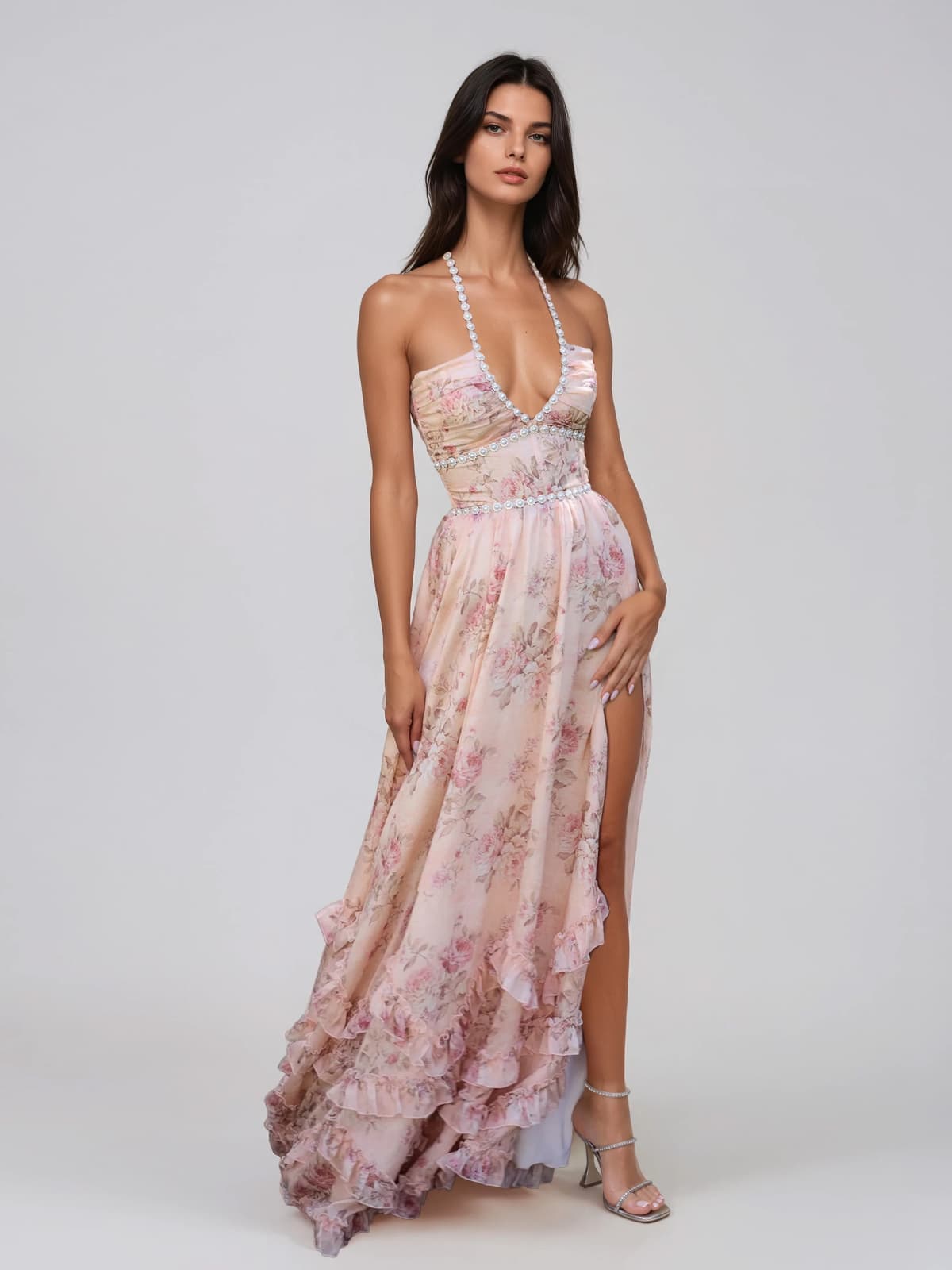 Fentho Plunge Neck Floral Maxi Dress In Pink