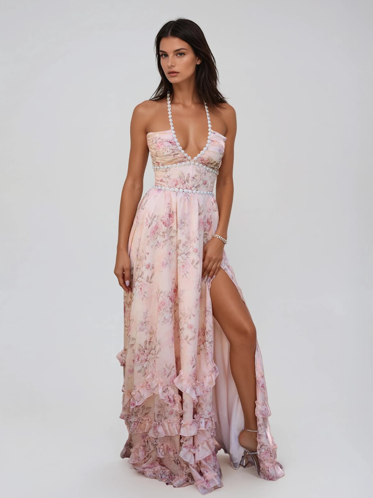 Fentho Plunge Neck Floral Maxi Dress In Pink