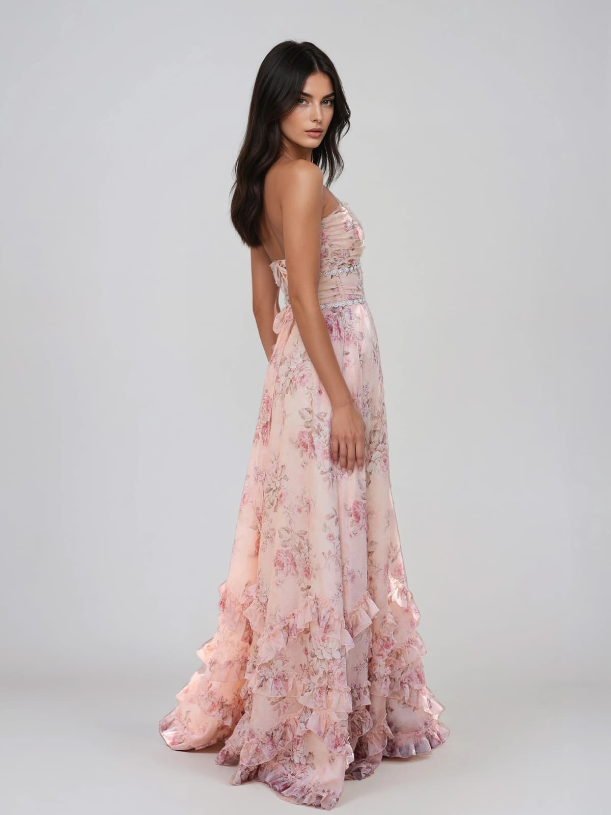Fentho Plunge Neck Floral Maxi Dress In Pink