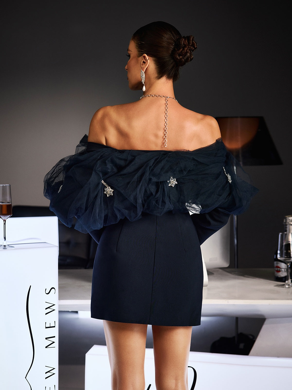 Ferchar Off Shoulder Ruffle Mesh Mini Dress