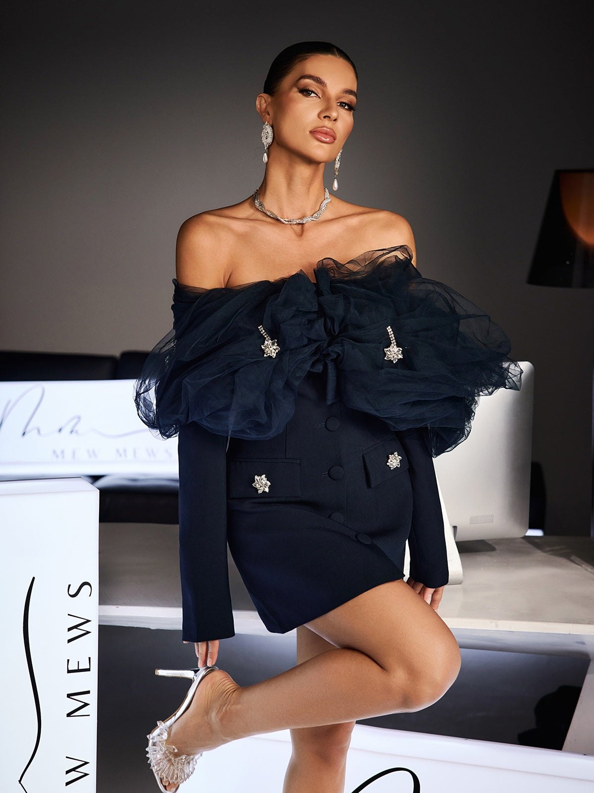Ferchar Off Shoulder Ruffle Mesh Mini Dress