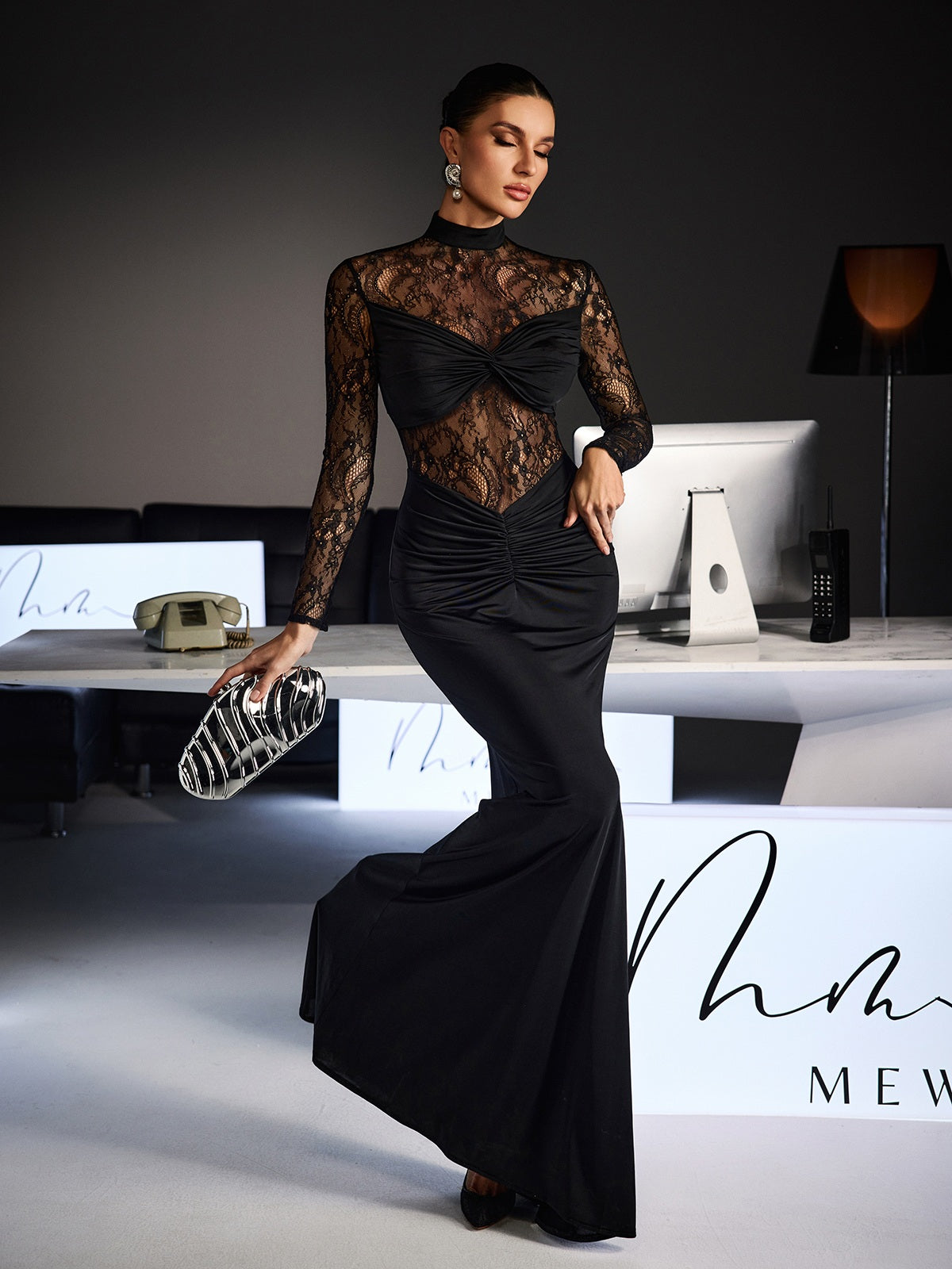 Feri Long Sleeve Embroidered  Ruched Maxi Dress