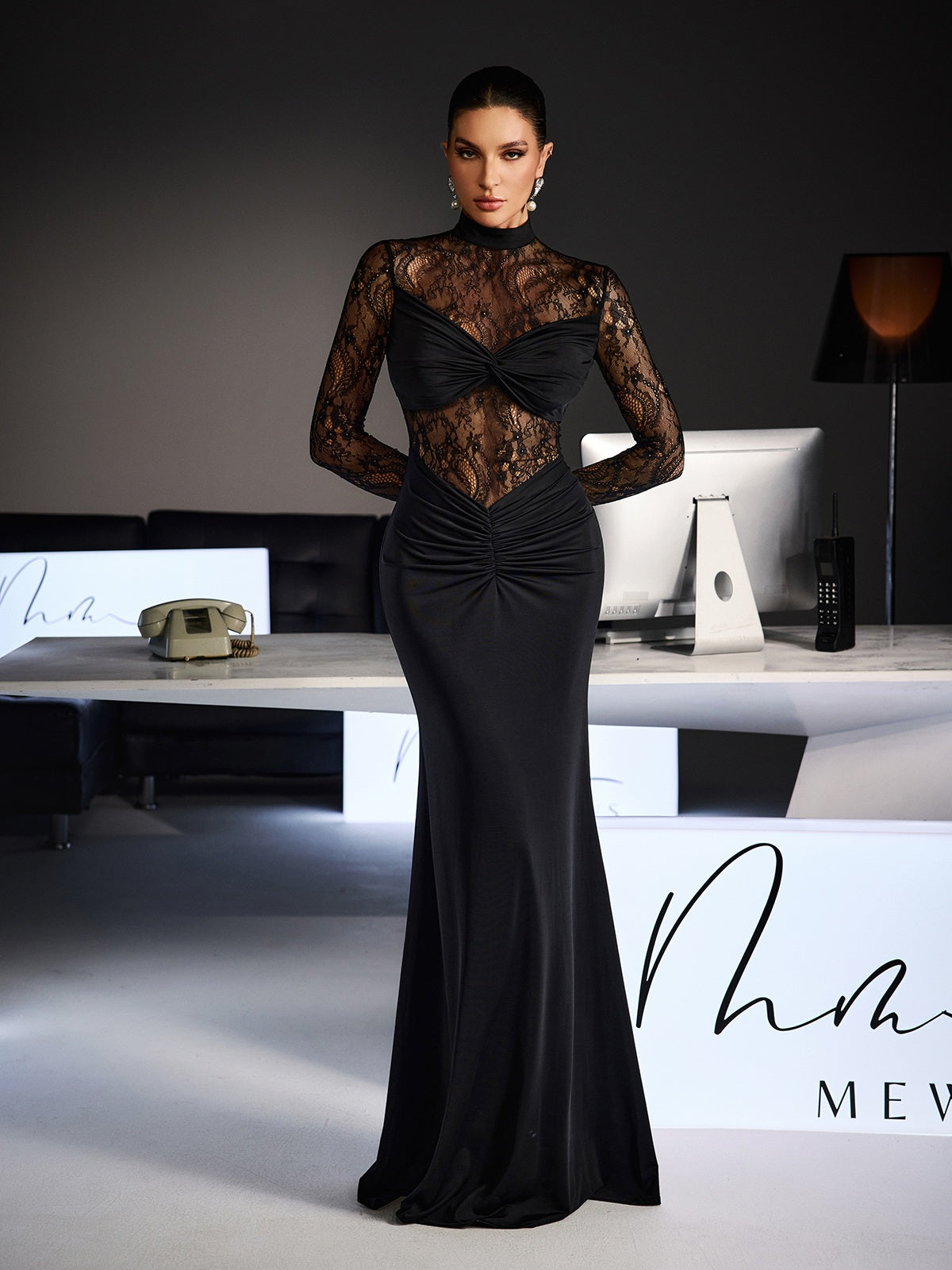 Feri Long Sleeve Embroidered  Ruched Maxi Dress