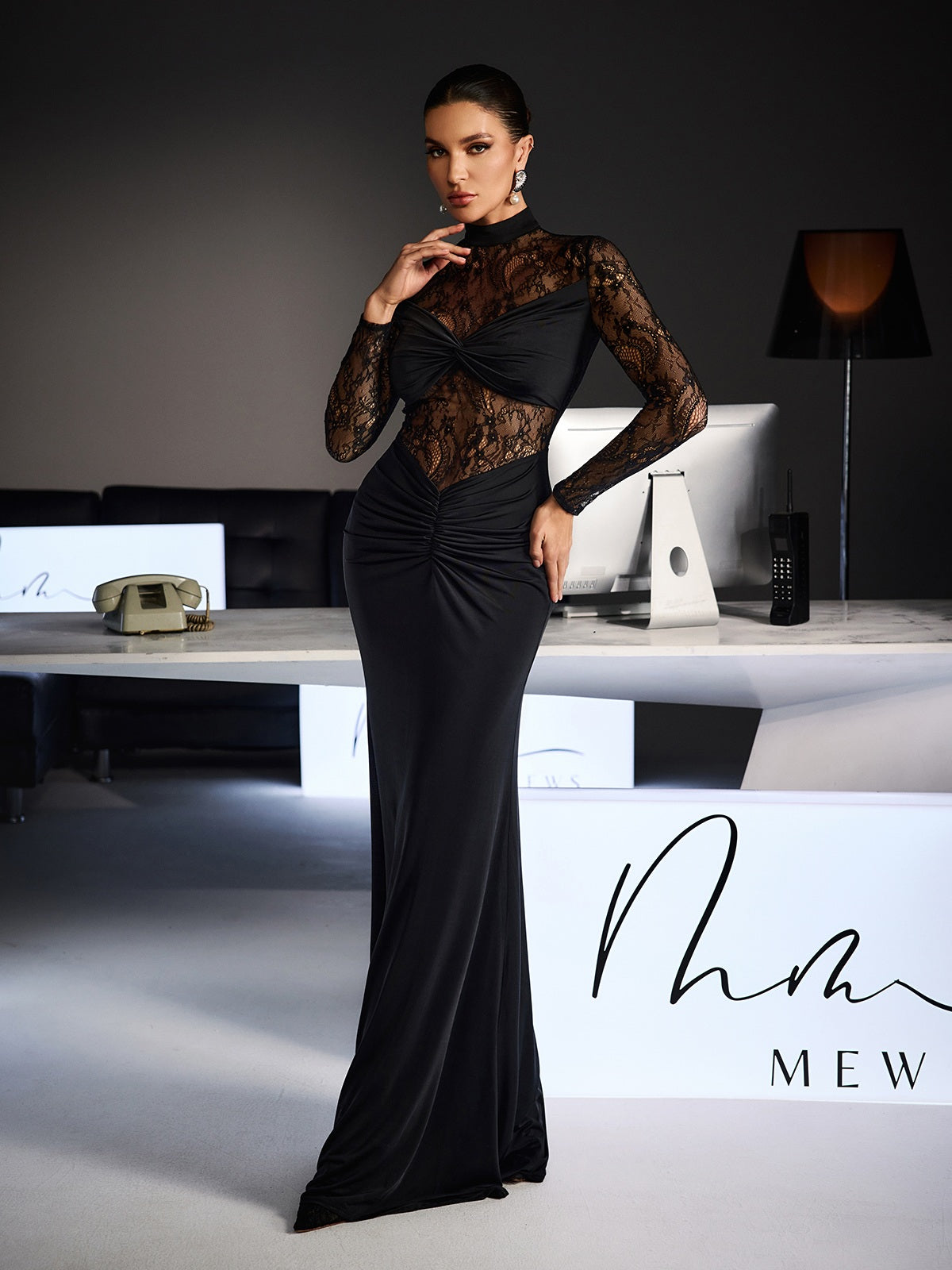 Feri Long Sleeve Embroidered  Ruched Maxi Dress